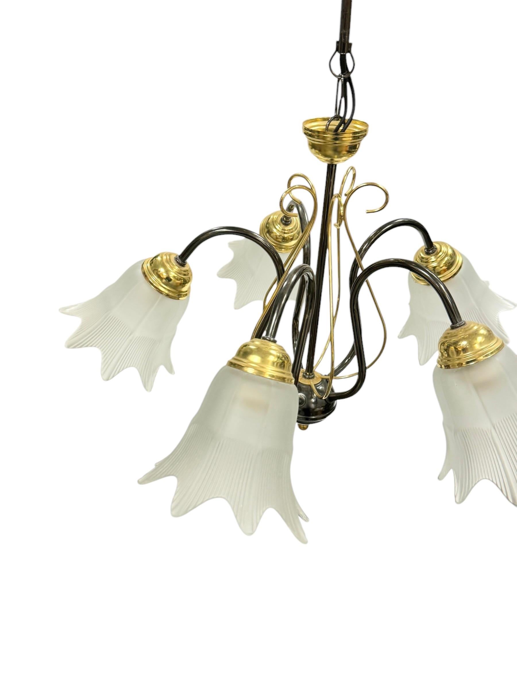 Bi Color Metal Chandelier with Flower Glass Shades Massive Leuchten Germany For Sale 1