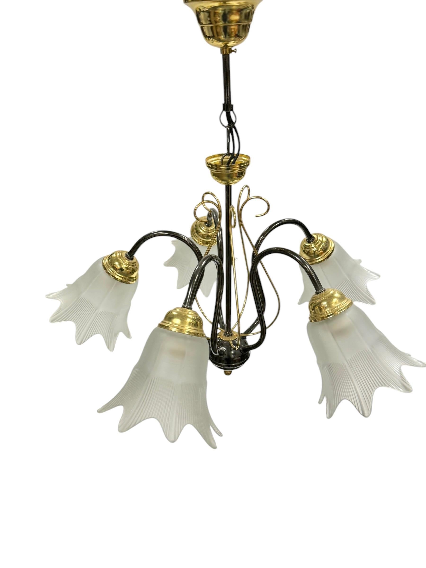 Bi Color Metal Chandelier with Flower Glass Shades Massive Leuchten Germany For Sale 3