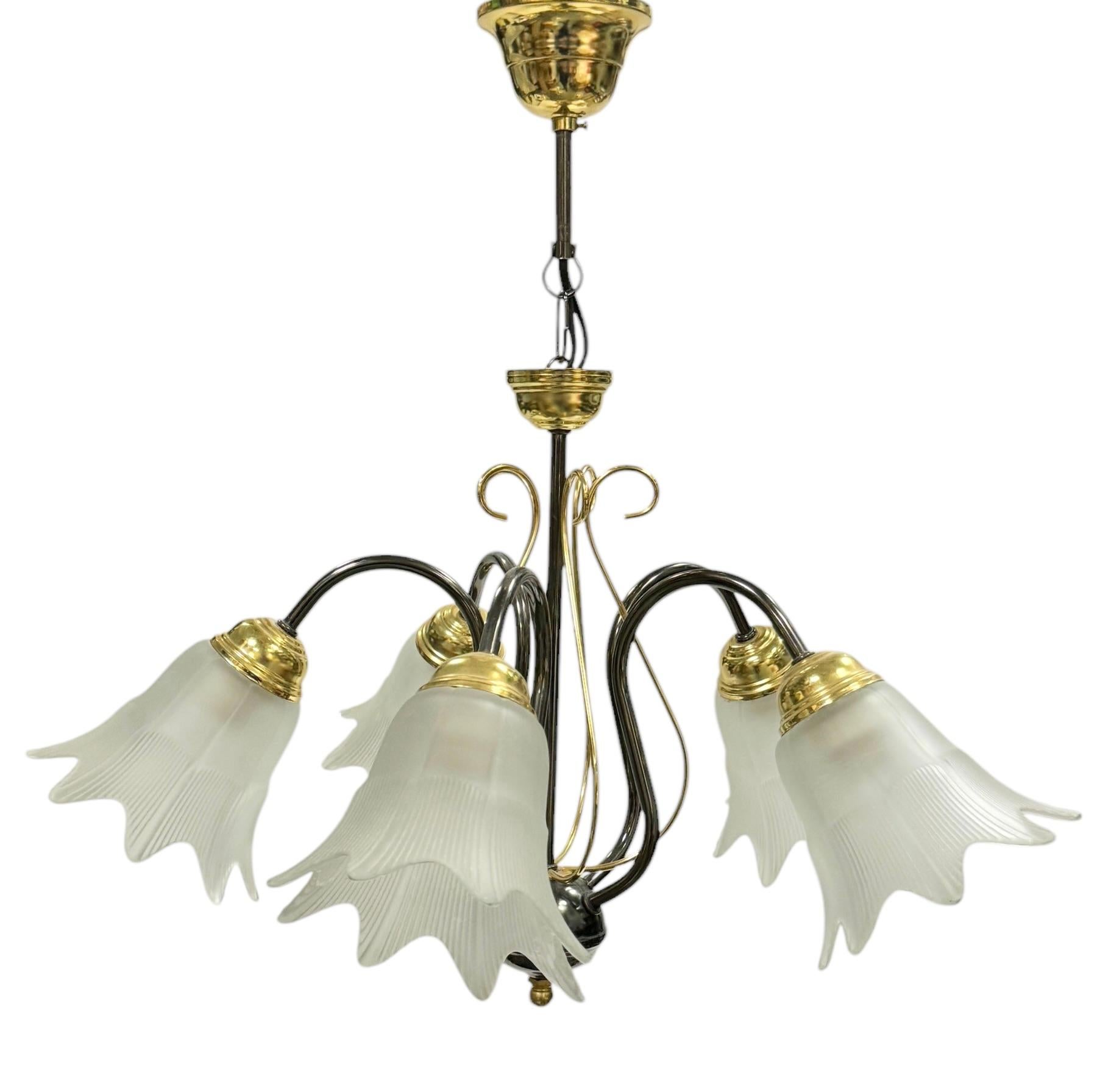 Bi Color Metal Chandelier with Flower Glass Shades Massive Leuchten Germany For Sale 4