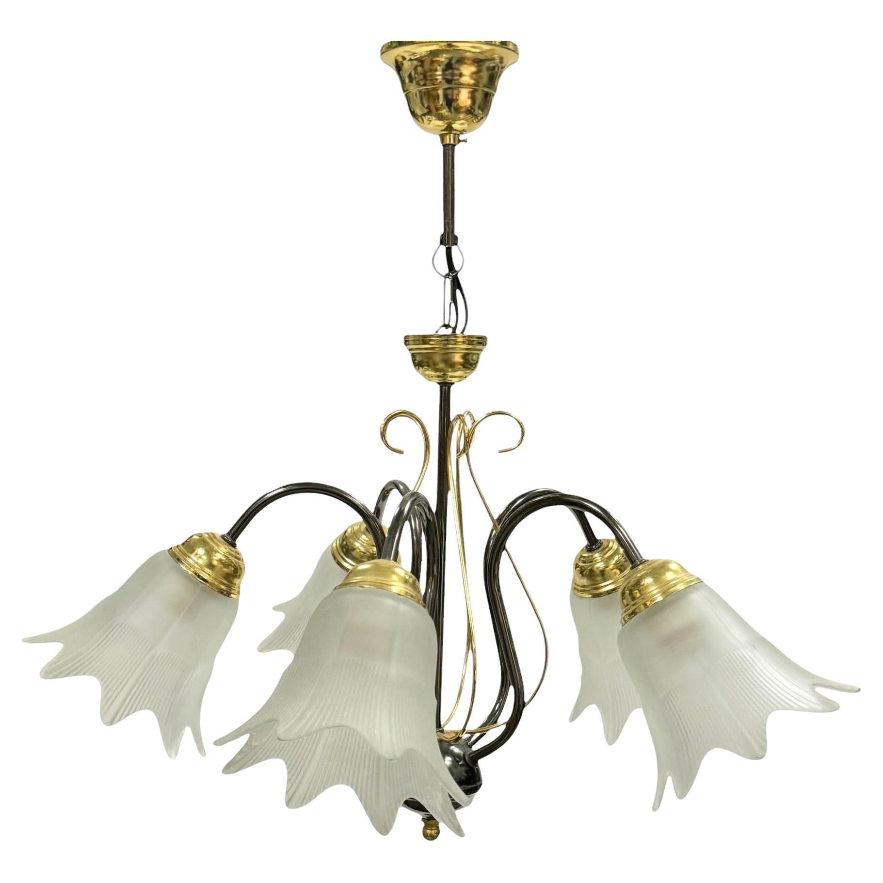 Bi Color Metal Chandelier with Flower Glass Shades Massive Leuchten Germany