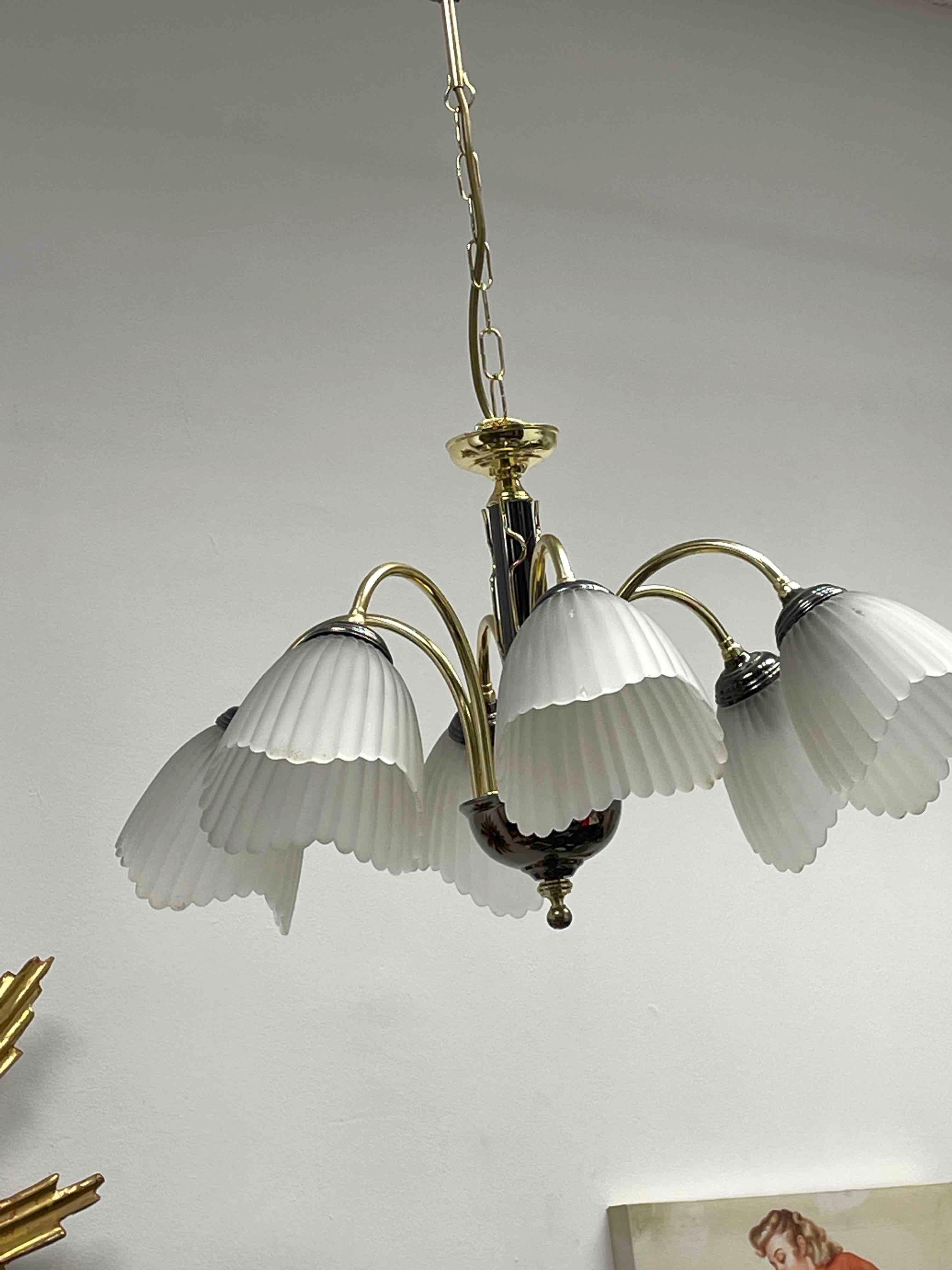 Hollywood Regency Bi Color Metal Chandelier with Glass Shades, Germany 1980s For Sale