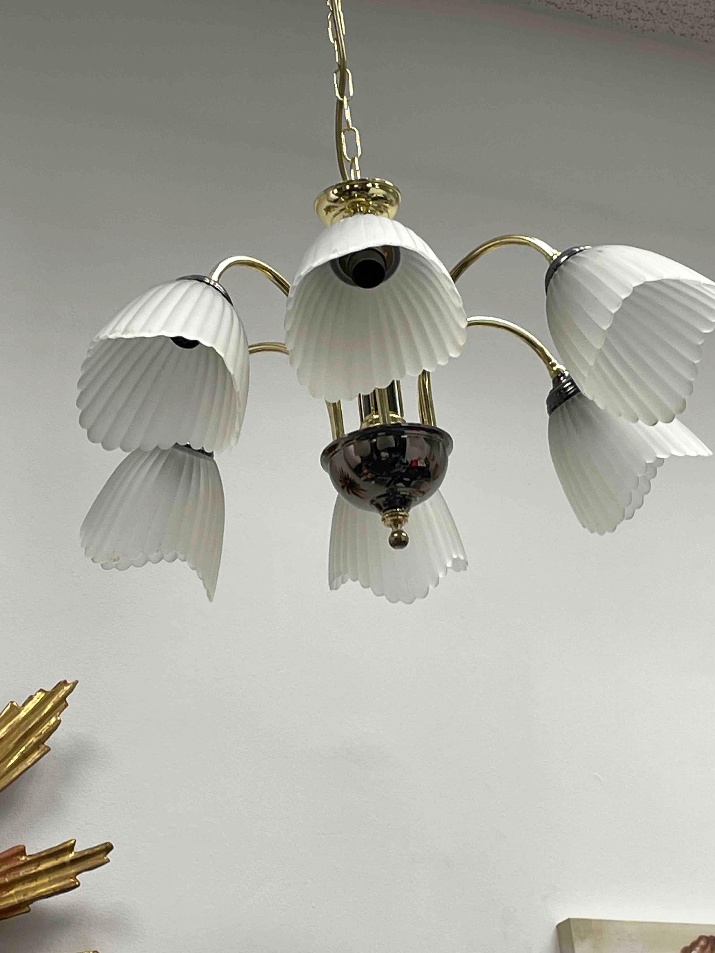 Bi Color Metal Chandelier with Glass Shades, Germany 1980s In Good Condition For Sale In Nuernberg, DE