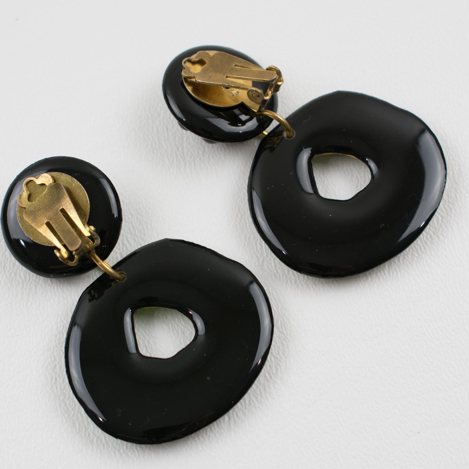 Bi-Color Resin Dangle Jeweled Clip Earrings 1