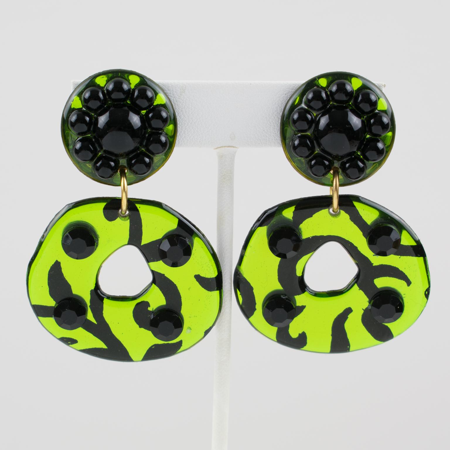 Bi-Color Resin Dangle Jeweled Clip Earrings 2