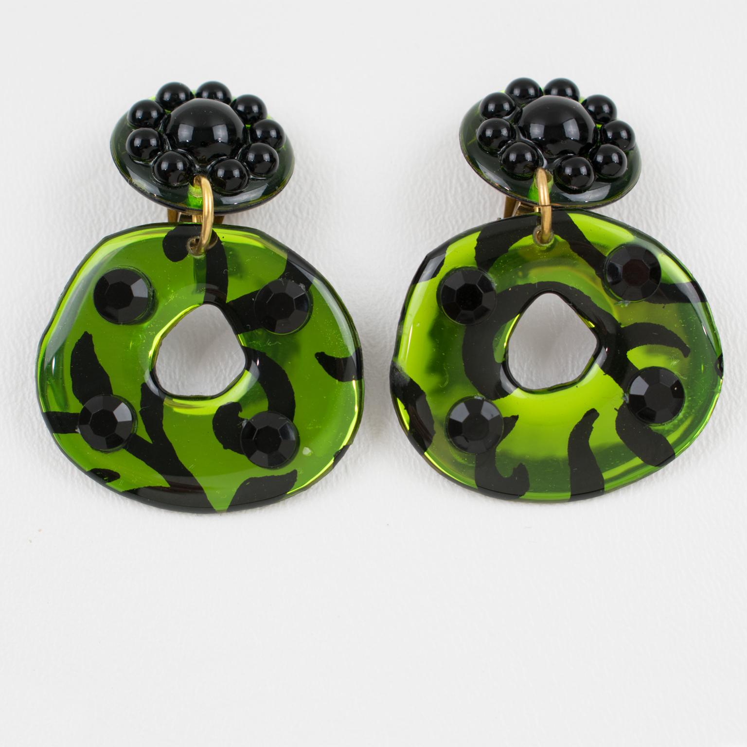 Bi-Color Resin Dangle Jeweled Clip Earrings 3