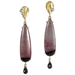 Bi-Color Tourmaline and Black Diamond Briolette 14K Gold Long Dangle Earrings