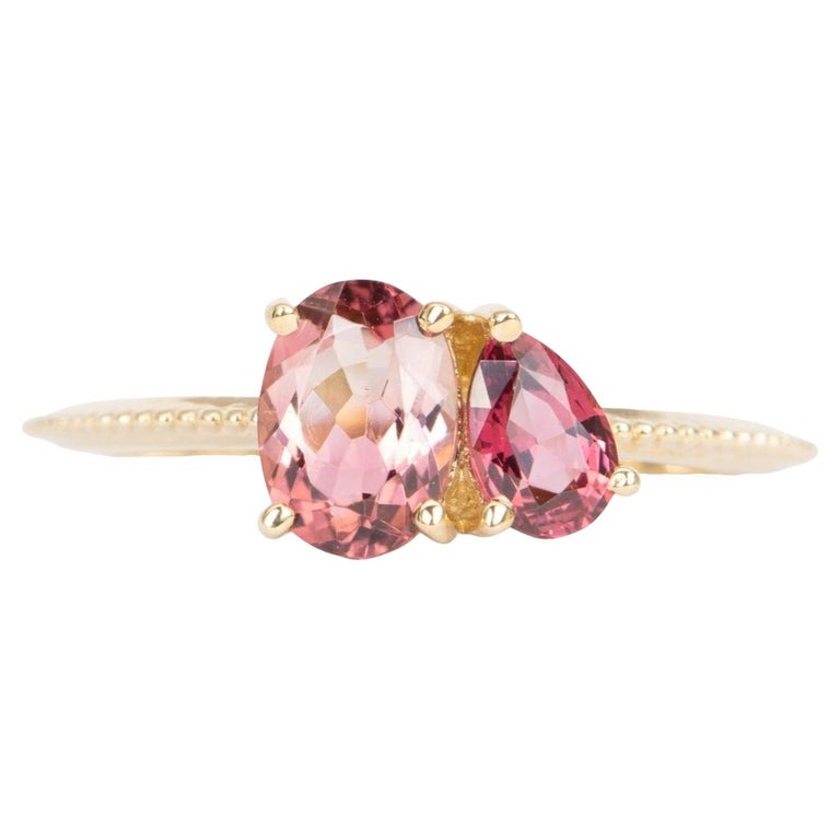 BiColor Tourmaline and Bright Red Spinel You and Me Engagement Ring 14k Gold For Sale at 1stDibs