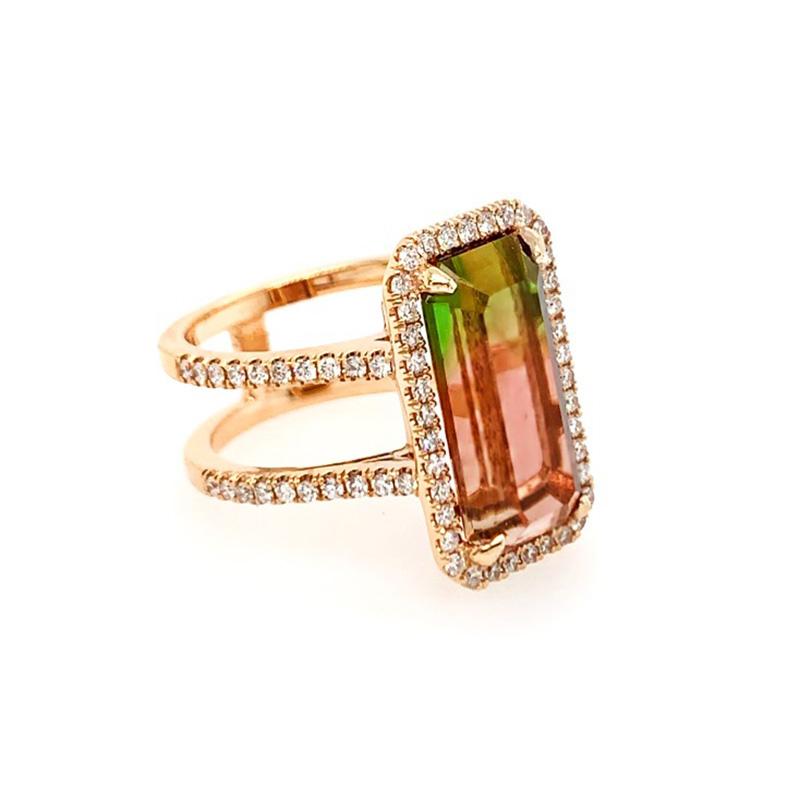 Emerald Cut Bi-Color Tourmaline and Diamond 18 Karat Rose Gold Ring For Sale