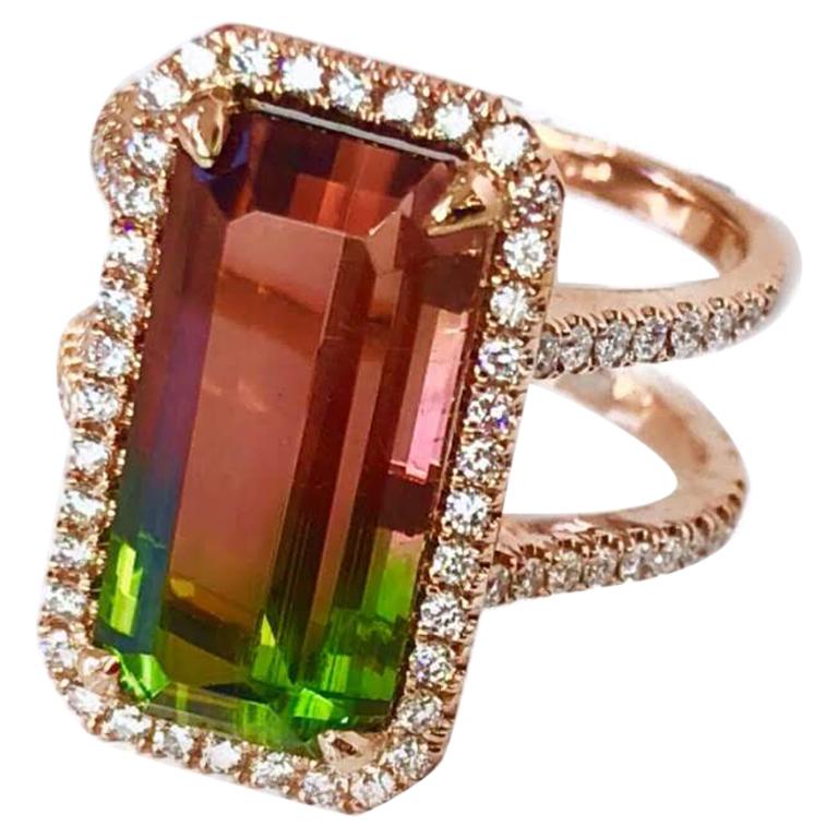 Bi-Color Tourmaline and Diamond 18 Karat Rose Gold Ring For Sale