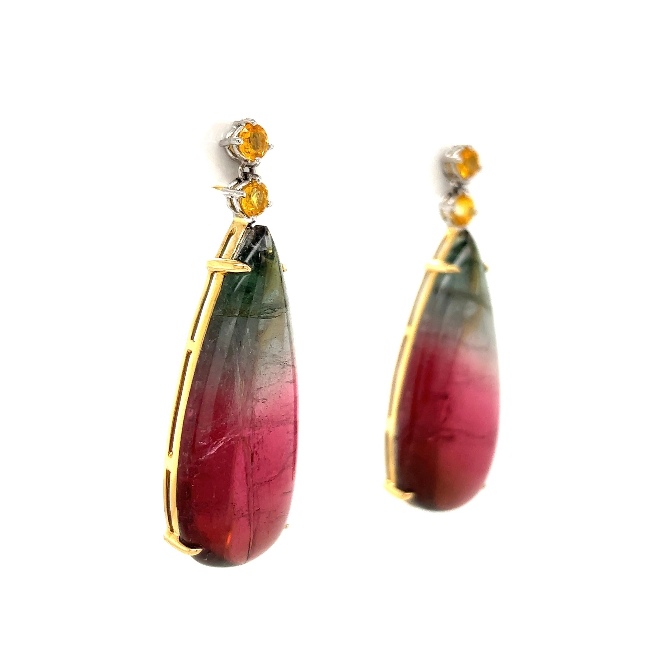 Mixed Cut Bi-Color Tourmaline and Yellow Sapphire Drop Earrings Estate Fine Jewelry For Sale