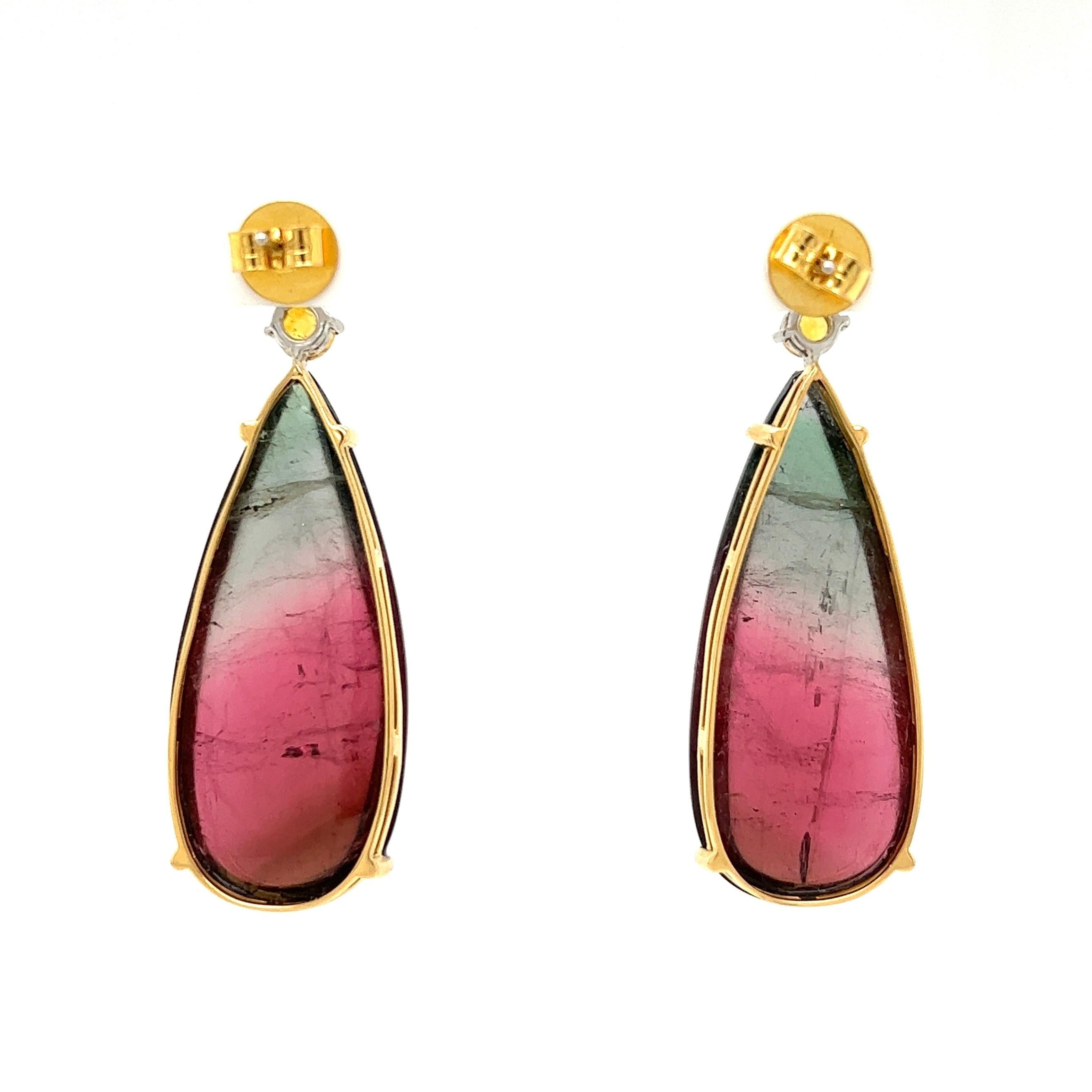 Bi-Color Tourmaline and Yellow Sapphire Drop Earrings Estate Fine Jewelry In Excellent Condition For Sale In Montreal, QC