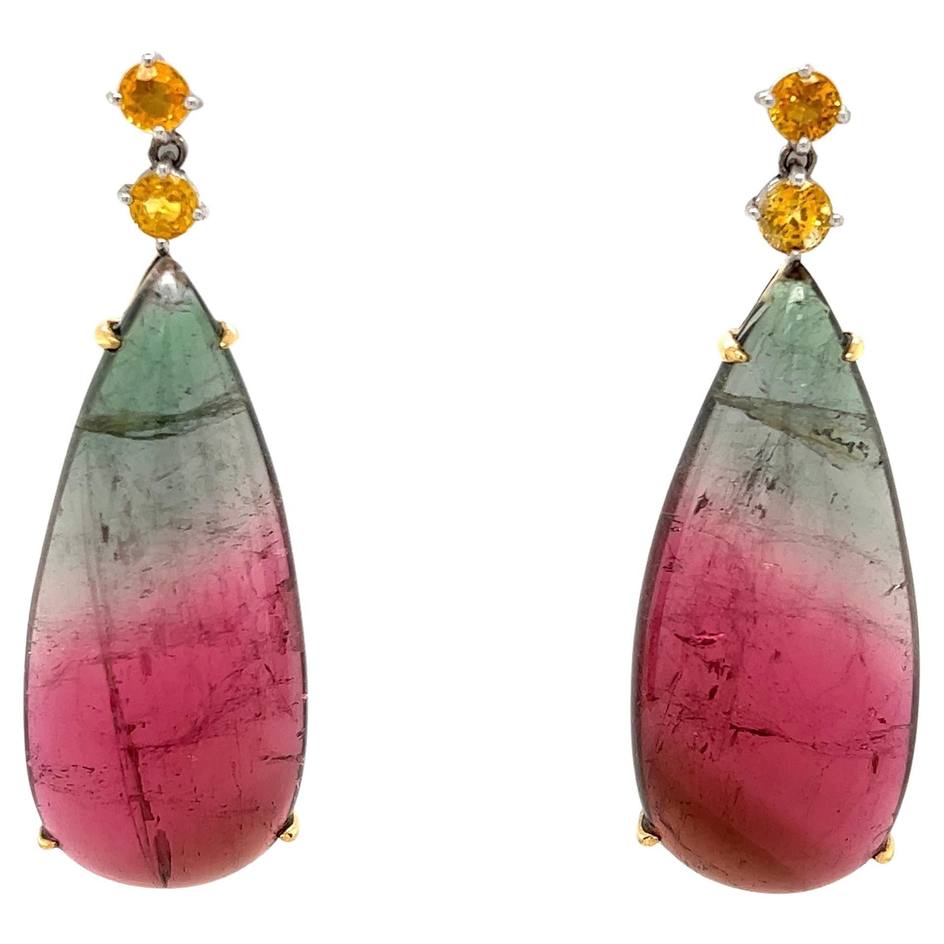 Bi-Color Tourmaline and Yellow Sapphire Drop Earrings Estate Fine Jewelry For Sale