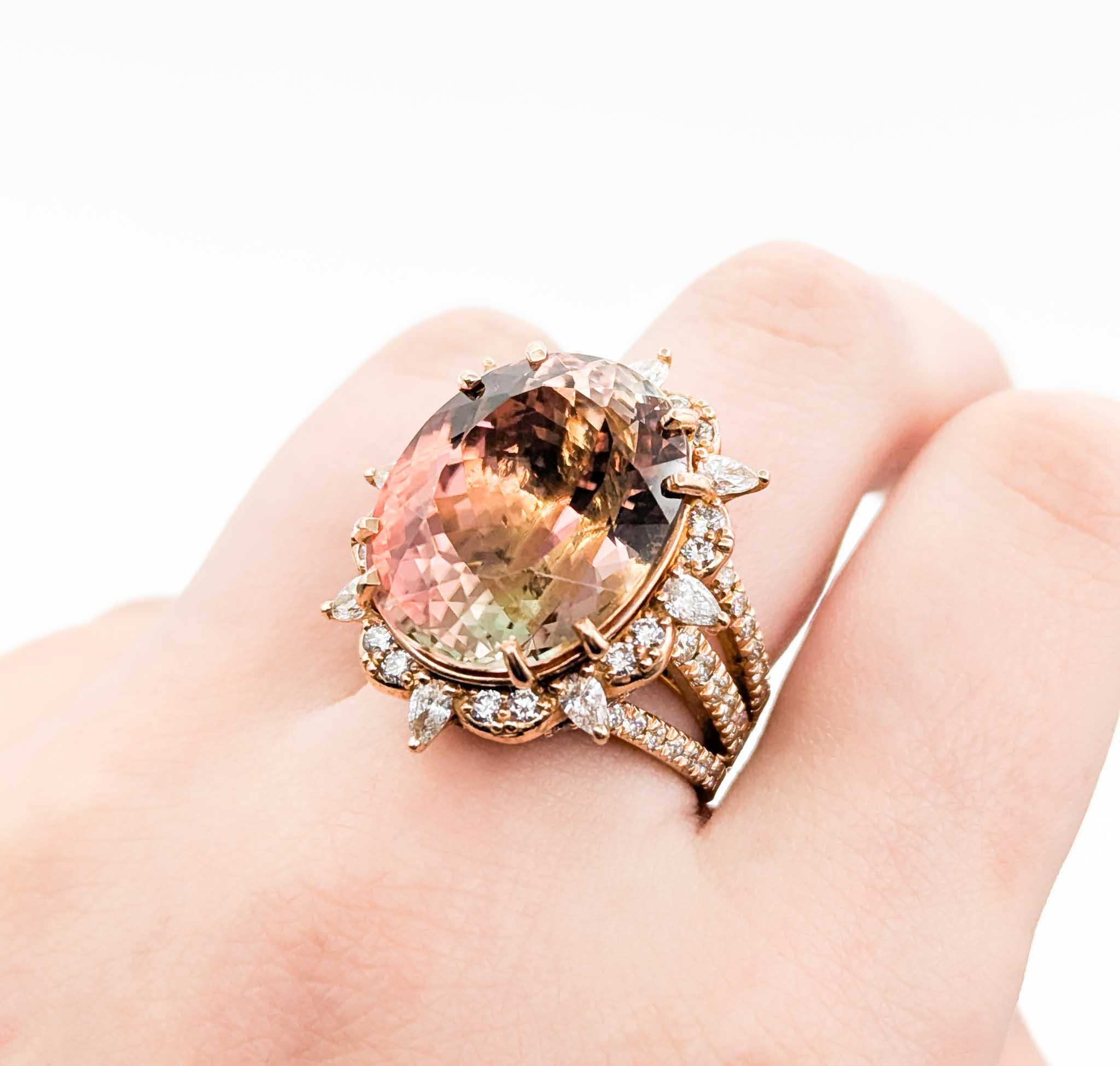 Oval Cut Bi-Color Tourmaline & Diamond Cocktail Ring in 14k Rose Gold For Sale