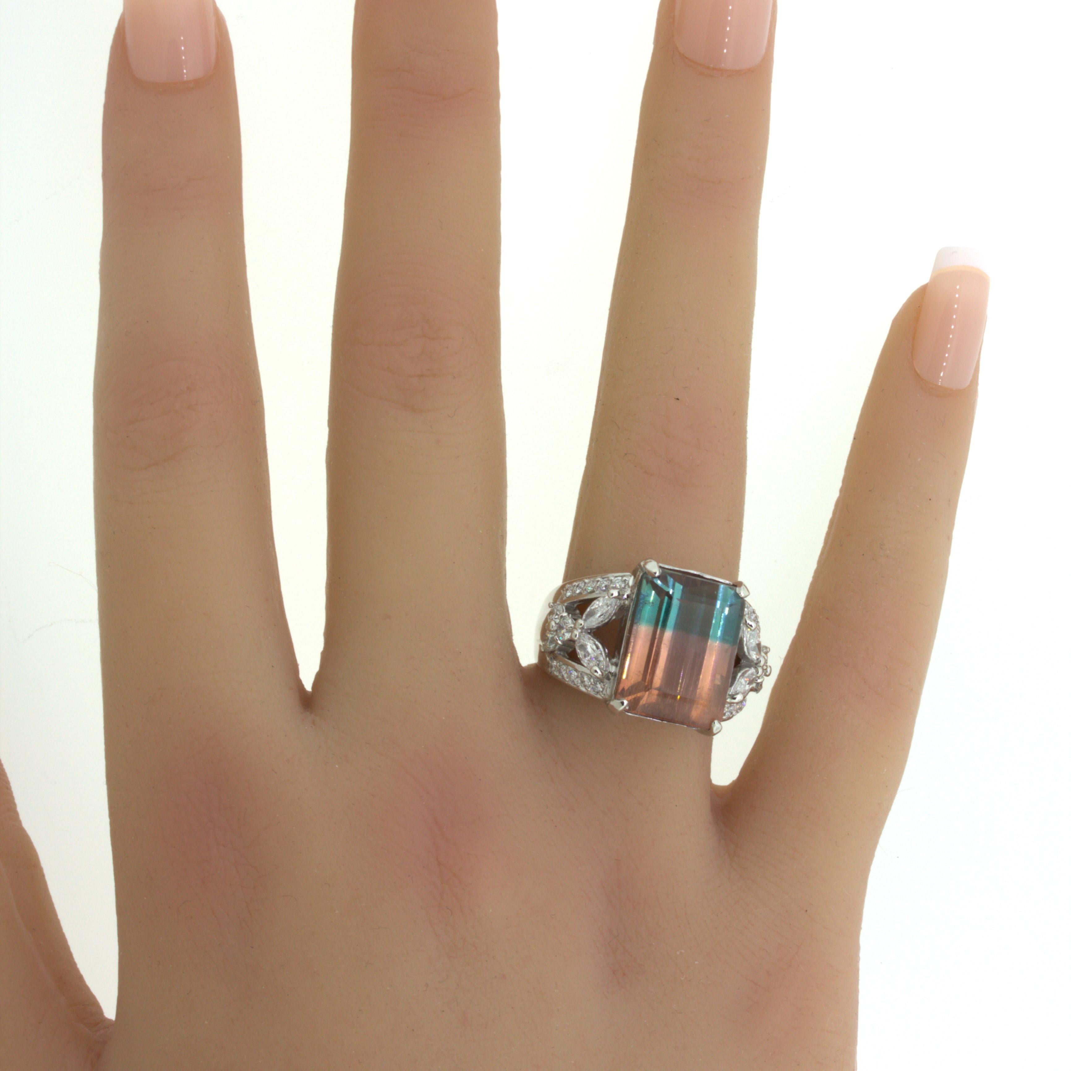 Bi-Color Tourmaline Diamond Platinum Floral Ring For Sale 5
