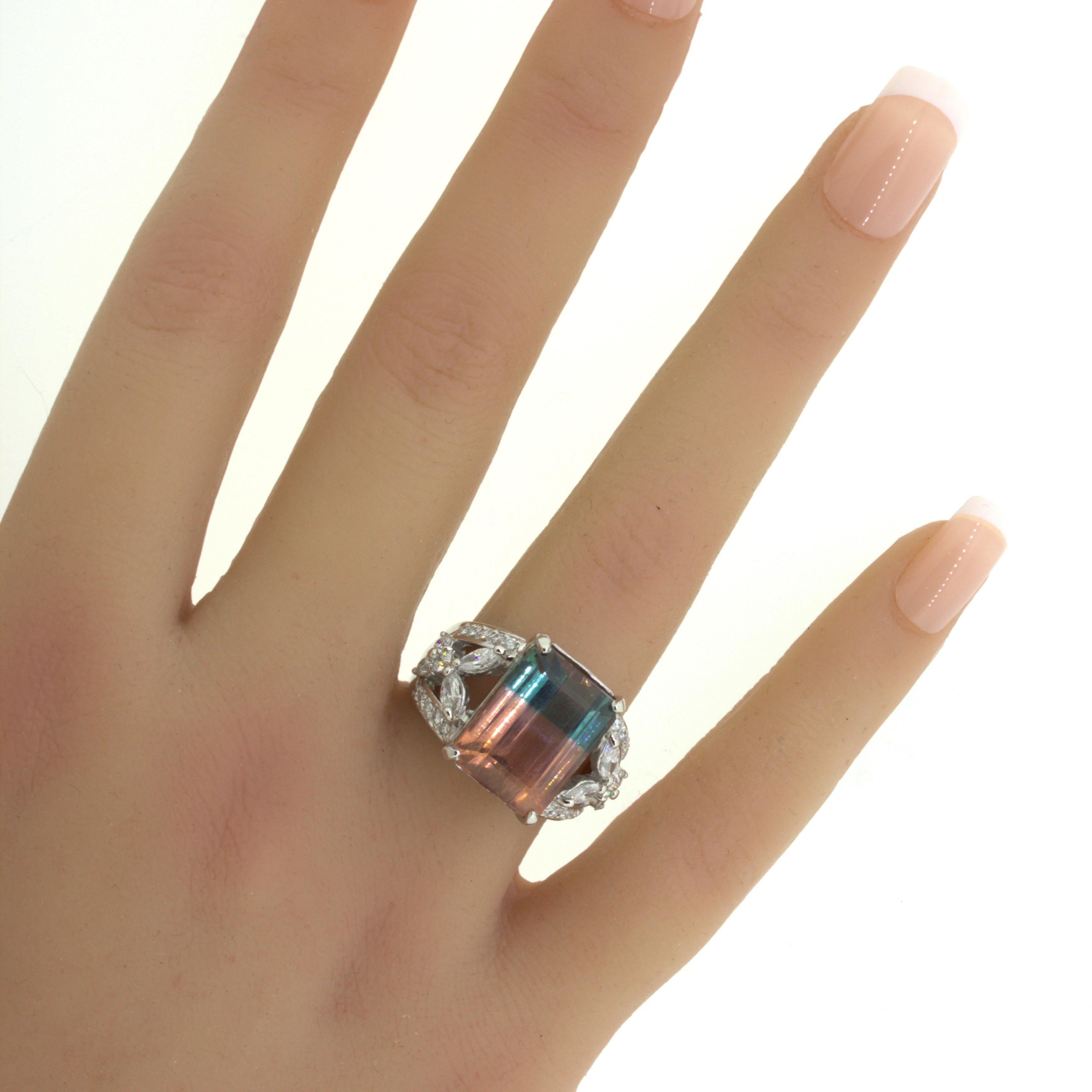 Bi-Color Tourmaline Diamond Platinum Floral Ring For Sale 6