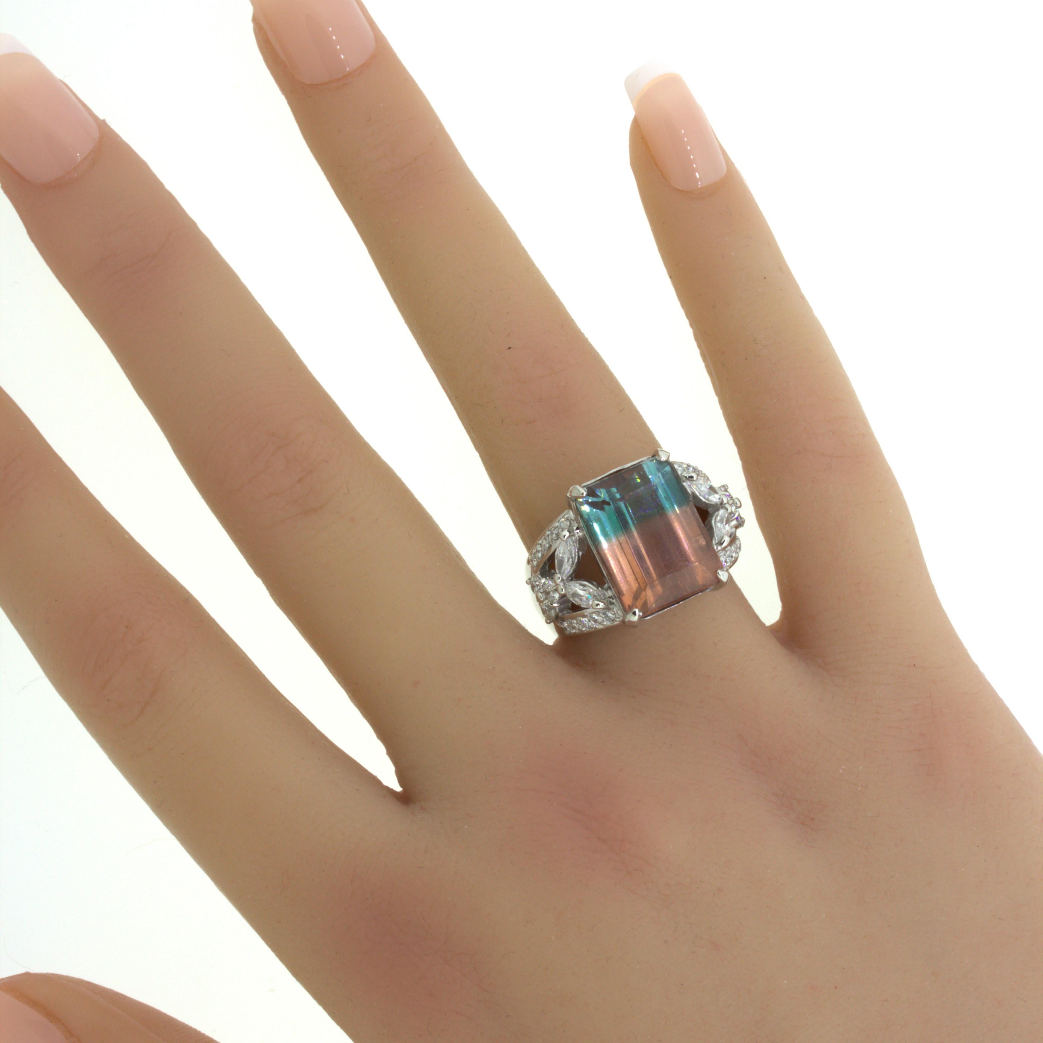 Bi-Color Tourmaline Diamond Platinum Floral Ring For Sale 7