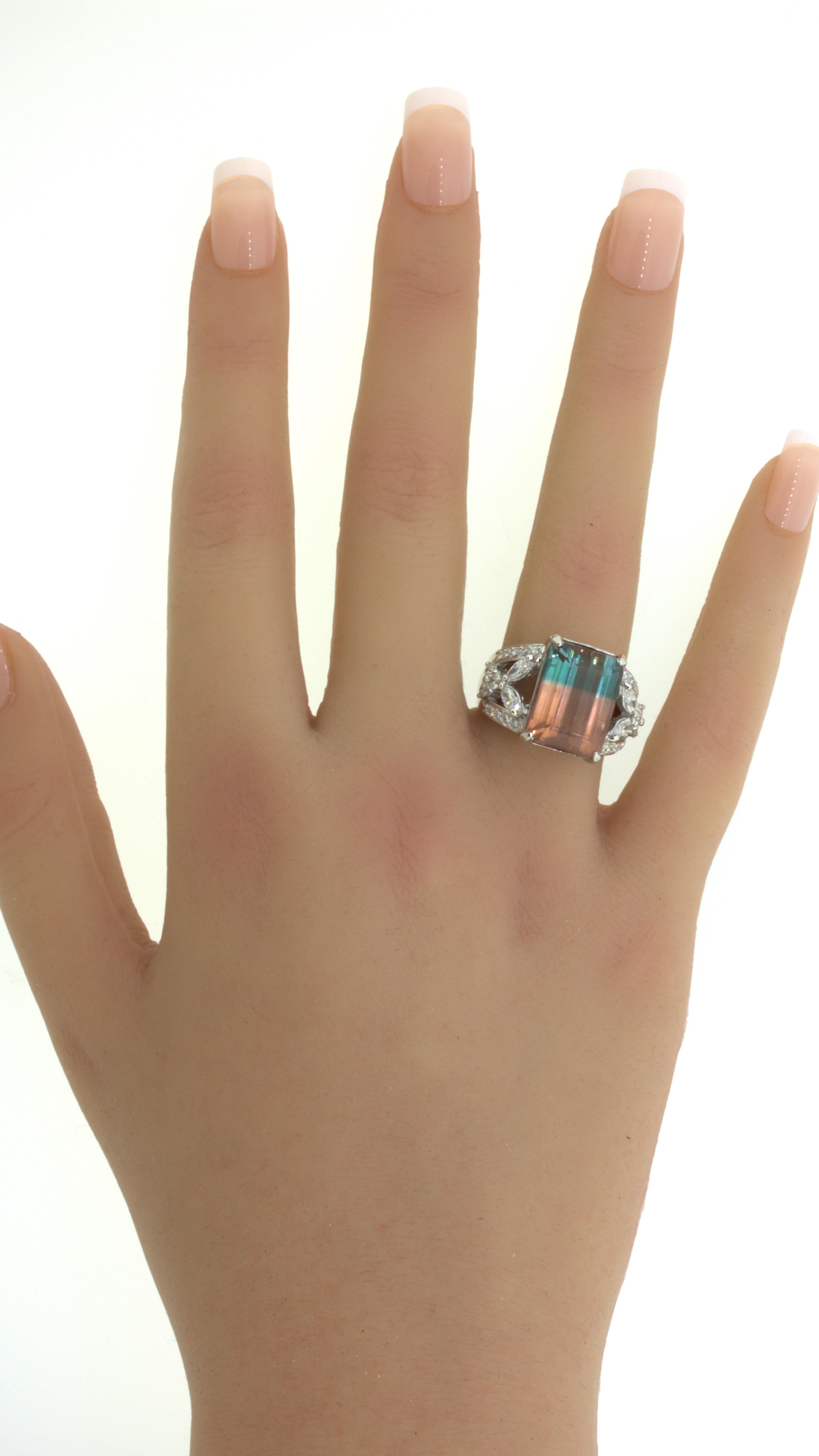 Bi-Color Tourmaline Diamond Platinum Floral Ring For Sale 8