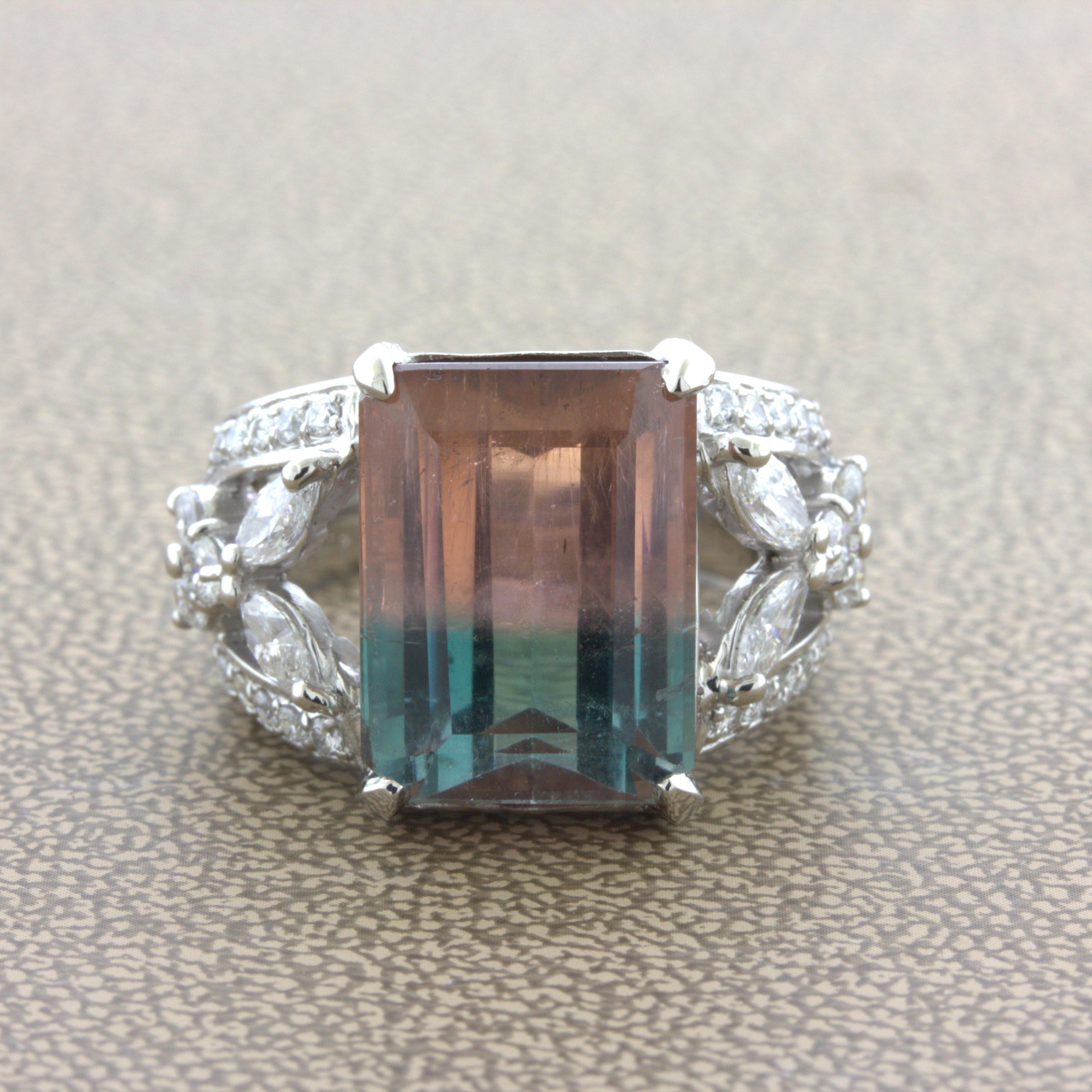 A lovely platinum ring featuring a unique bicolor tourmaline. The tourmaline weighs 12.32 carats and has a unique mix of colors. It is pink on one end and an indicolite blue on the other! Usually, we see bicolor watermelon tourmaline with a pink and