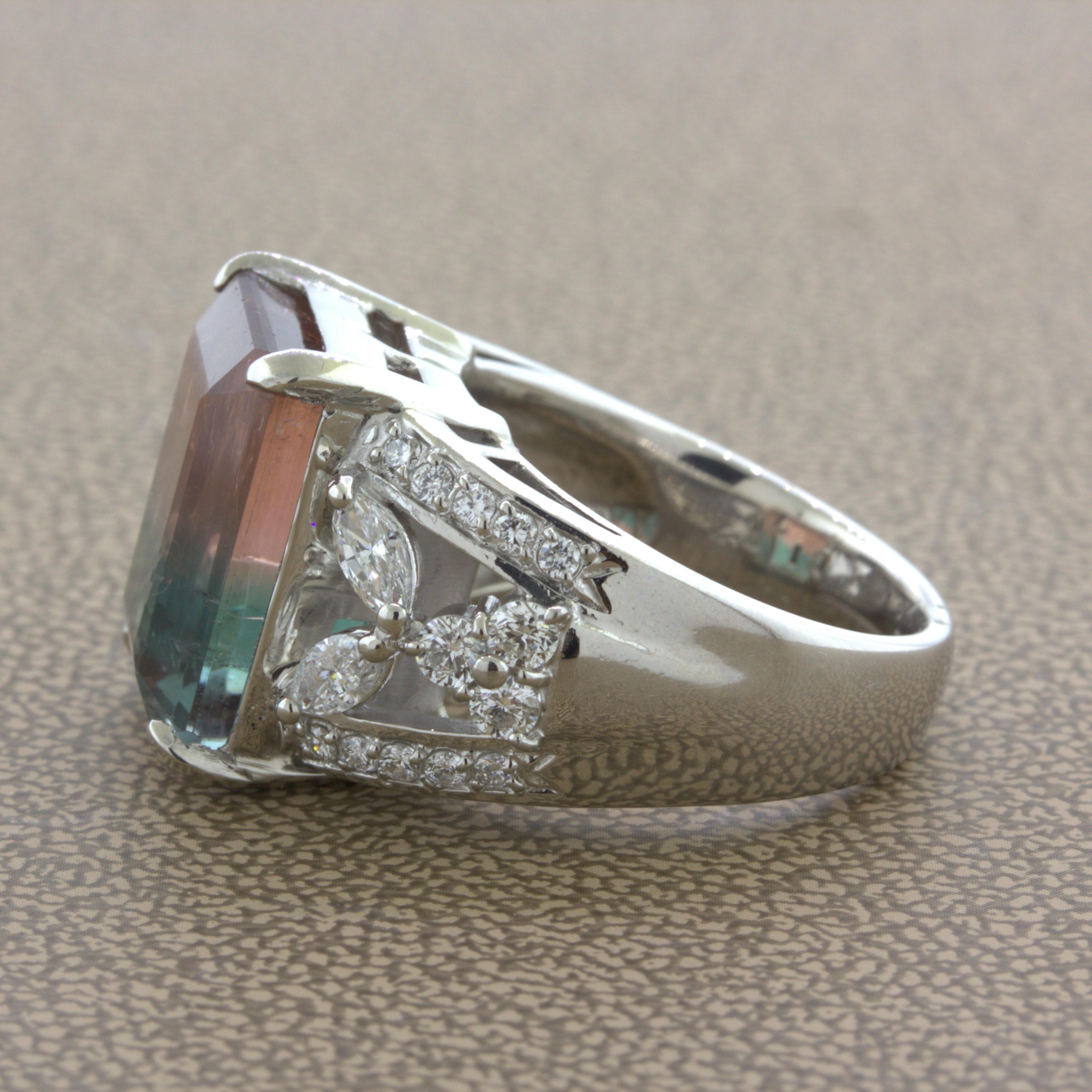 Women's Bi-Color Tourmaline Diamond Platinum Floral Ring For Sale