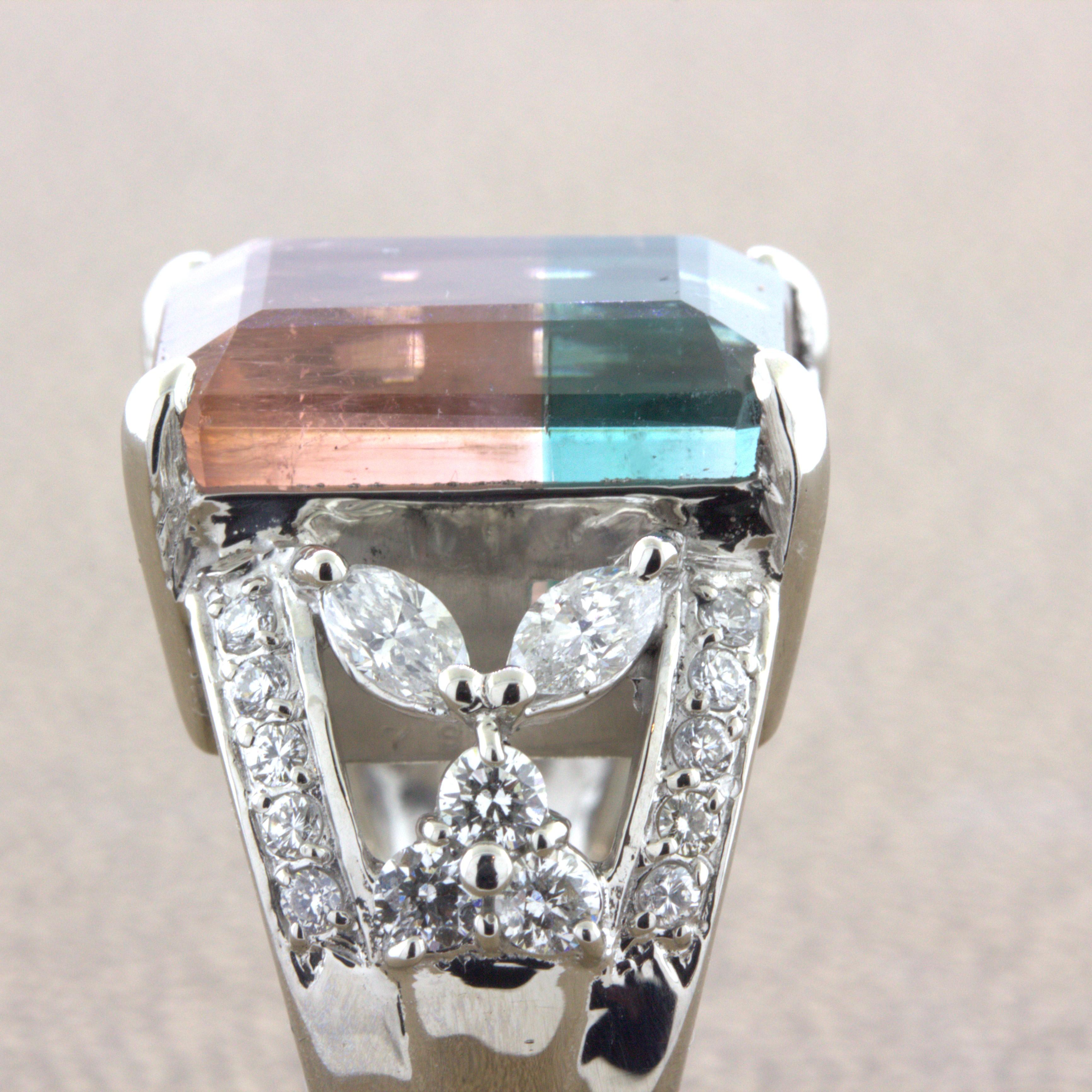 Bi-Color Tourmaline Diamond Platinum Floral Ring For Sale 1