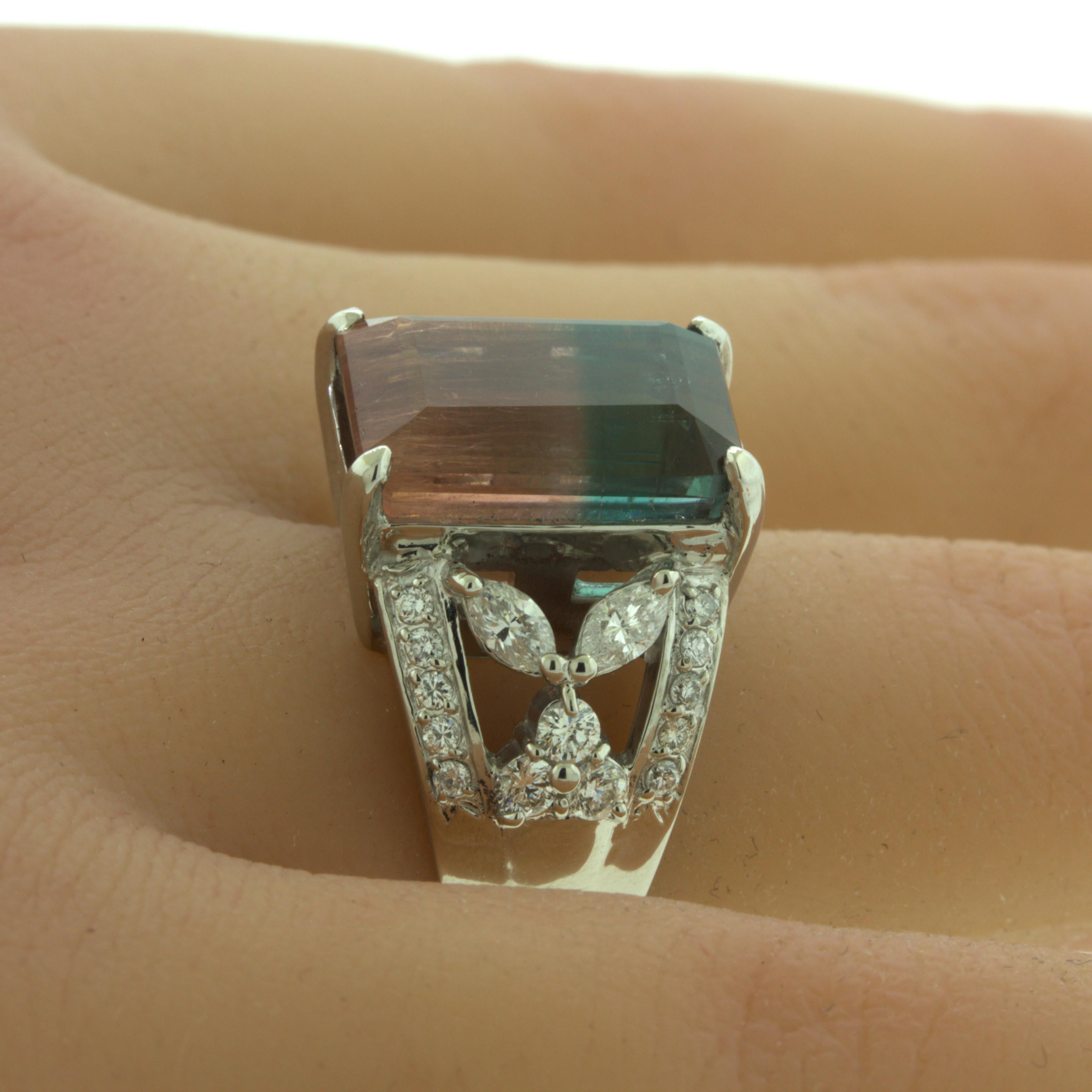 Bi-Color Tourmaline Diamond Platinum Floral Ring For Sale 3