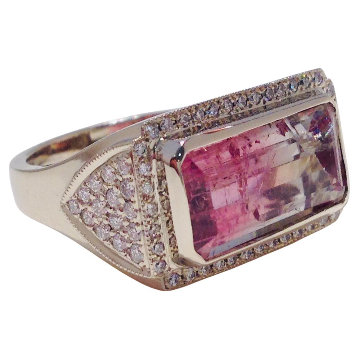 One-of-a-Kind Bi-Color Tourmaline and Pave Diamond Ring custom made by Marcy Feldman for HEARTWEAR DESIGNS. 14K White Gold ring, weighing 6.3 dwt.  The ring has a bezel set Emerald Cut Bi-Color Tourmaline. The colors are blue and pink. It measures