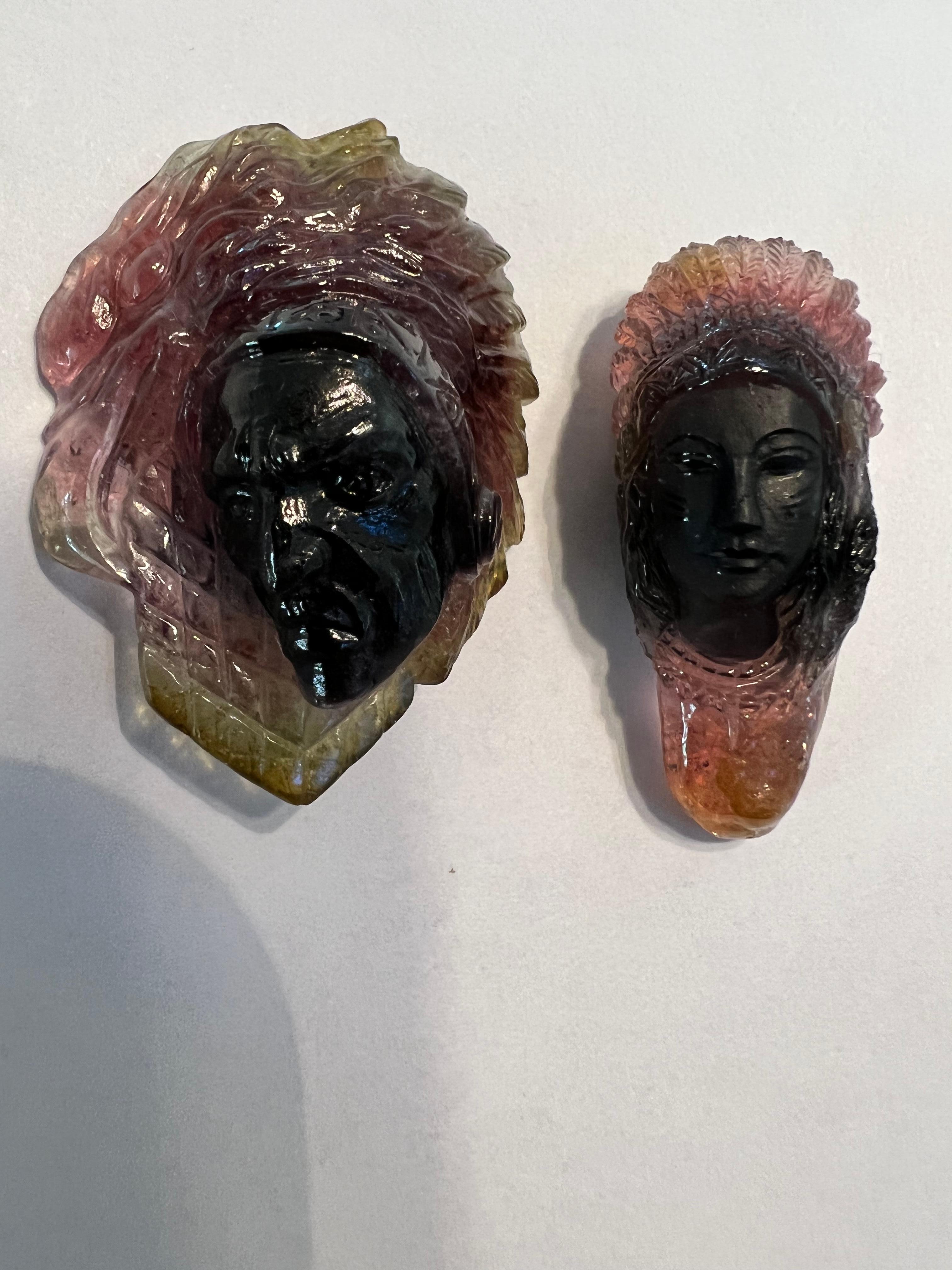 Bi Color Tourmaline Native Chief and Queen Carvings for Spiritual Guidance 12