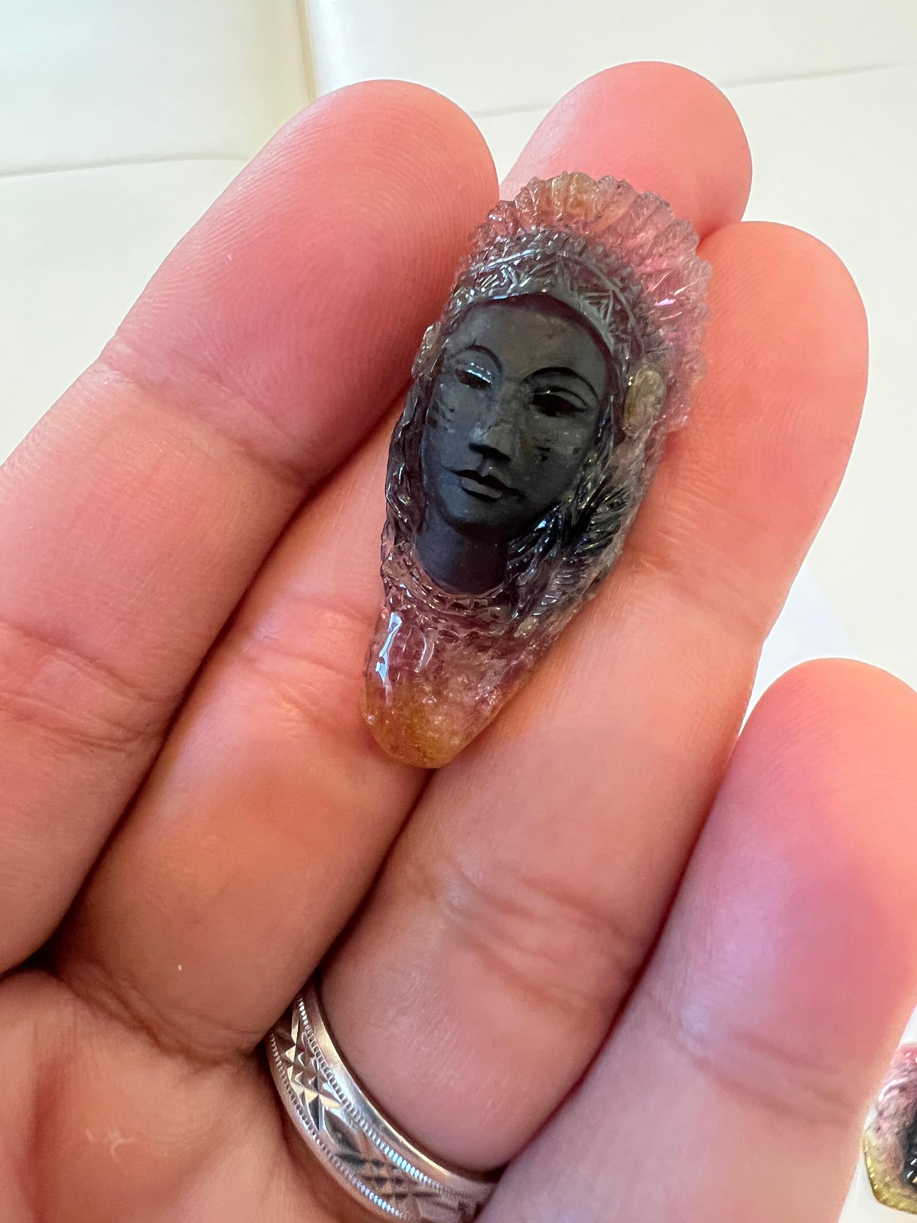 Women's or Men's Bi Color Tourmaline Native Chief and Queen Carvings for Spiritual Guidance