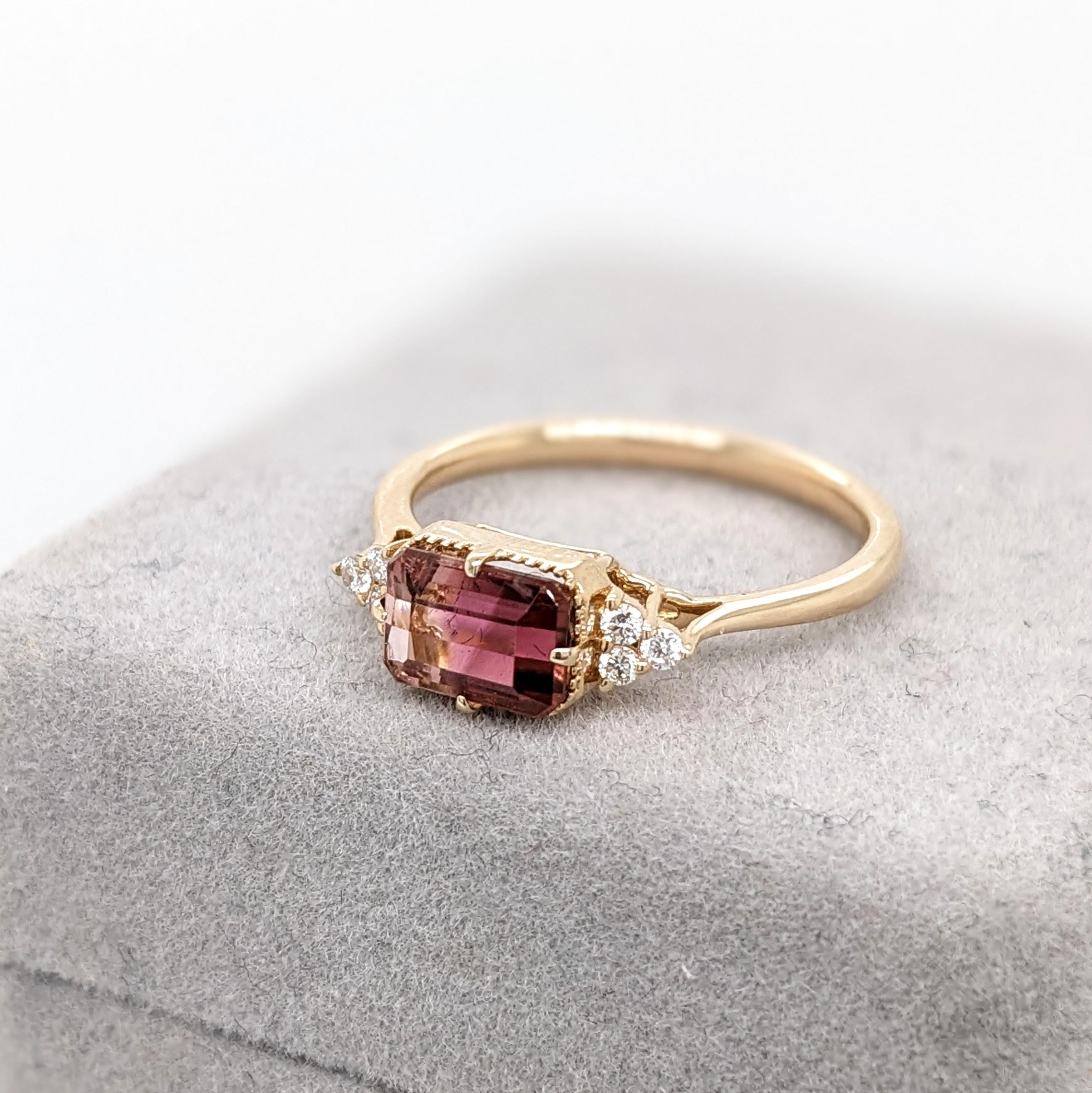 Bi-color Tourmaline Ring w Diamond Accents in Solid 14K Gold Emerald Cut 5x7mm In New Condition In Columbus, OH