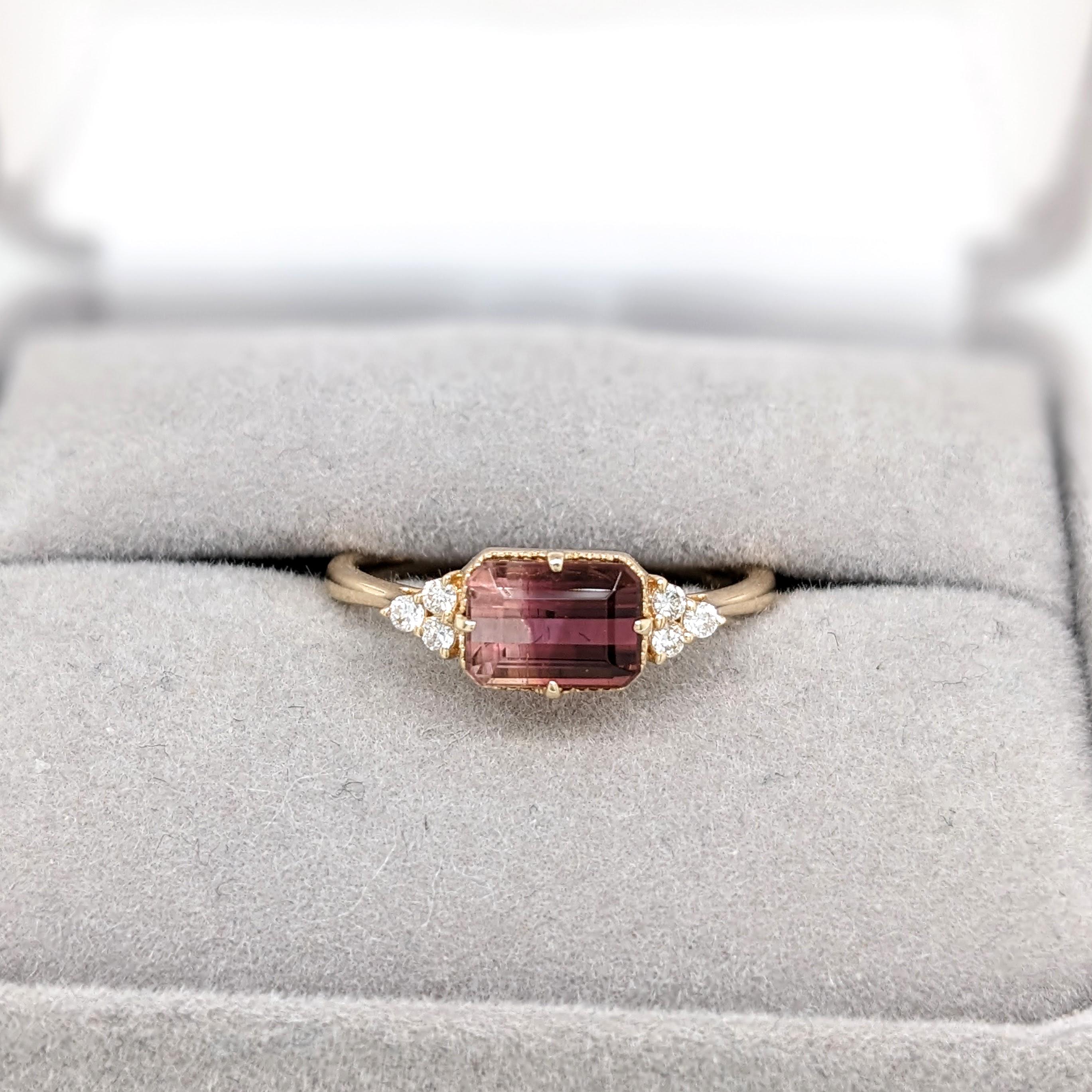 Bi-color Turmalin-Ring mit Diamant-Akzenten aus massivem 14K Gold mit Smaragdschliff 5x7mm im Angebot 3