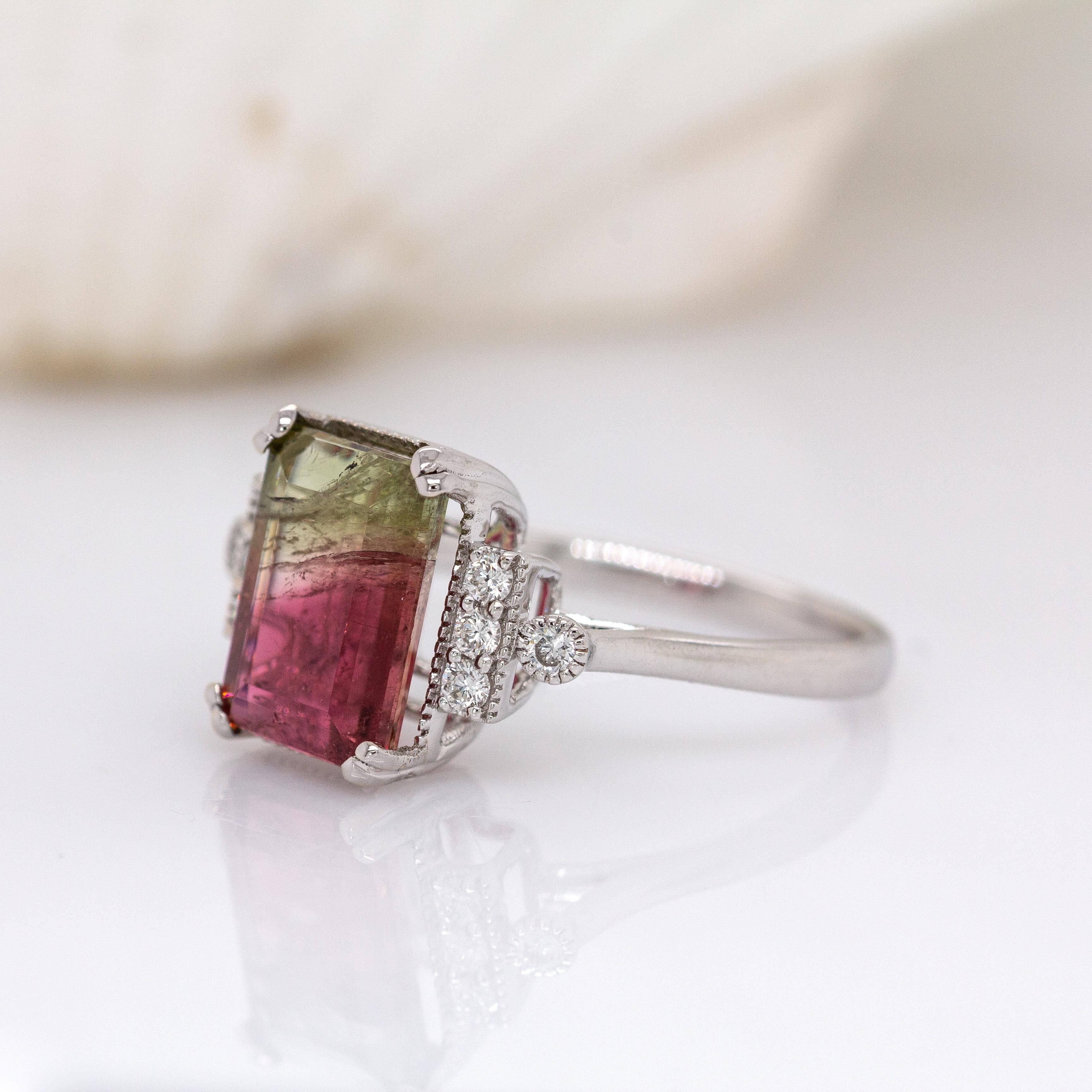Bi-Color Turmalin Ring w Erde Mined Diamanten in 14K Solid White Gold  11x7mm (Smaragdschliff) im Angebot