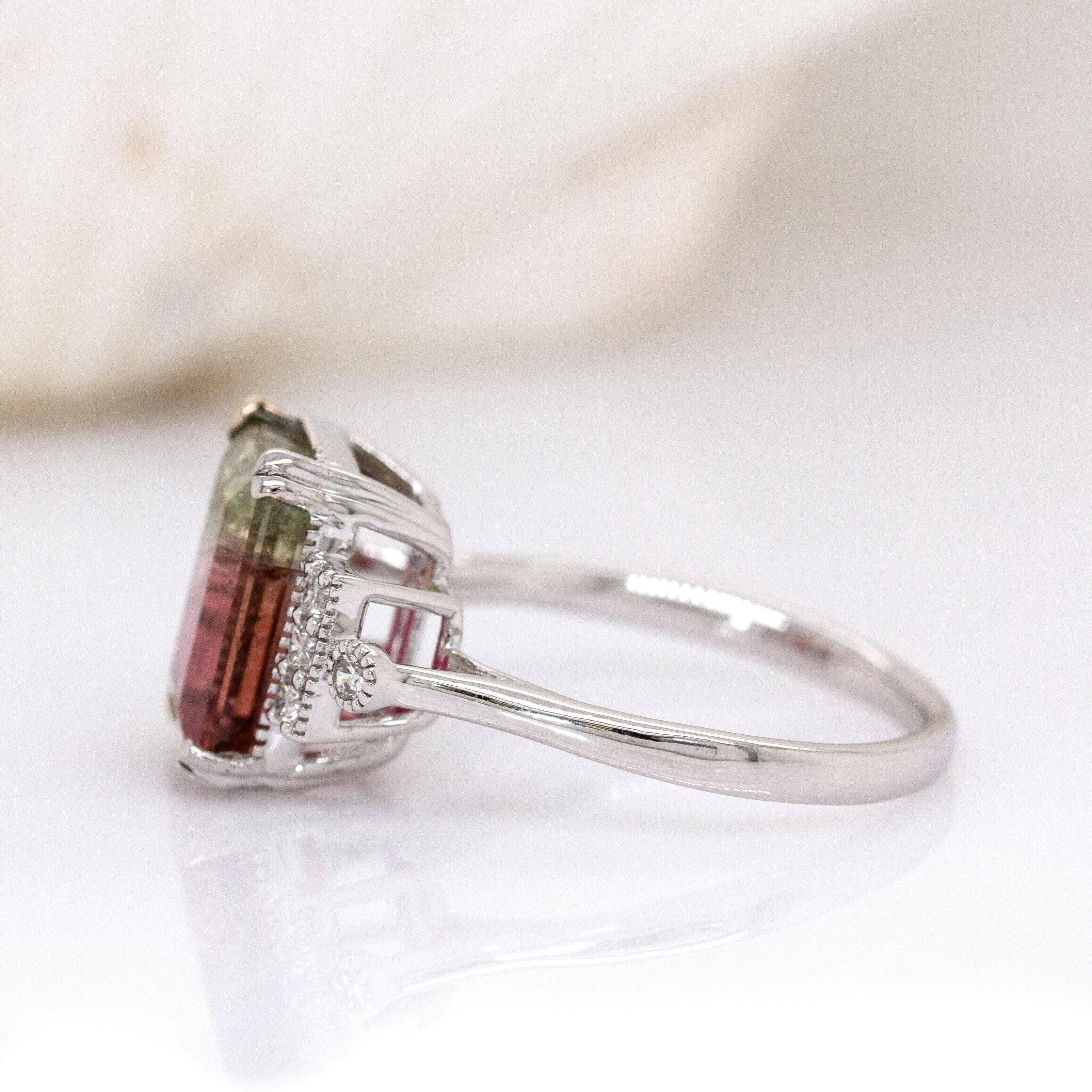 Bi-Color Turmalin Ring w Erde Mined Diamanten in 14K Solid White Gold  11x7mm Damen im Angebot