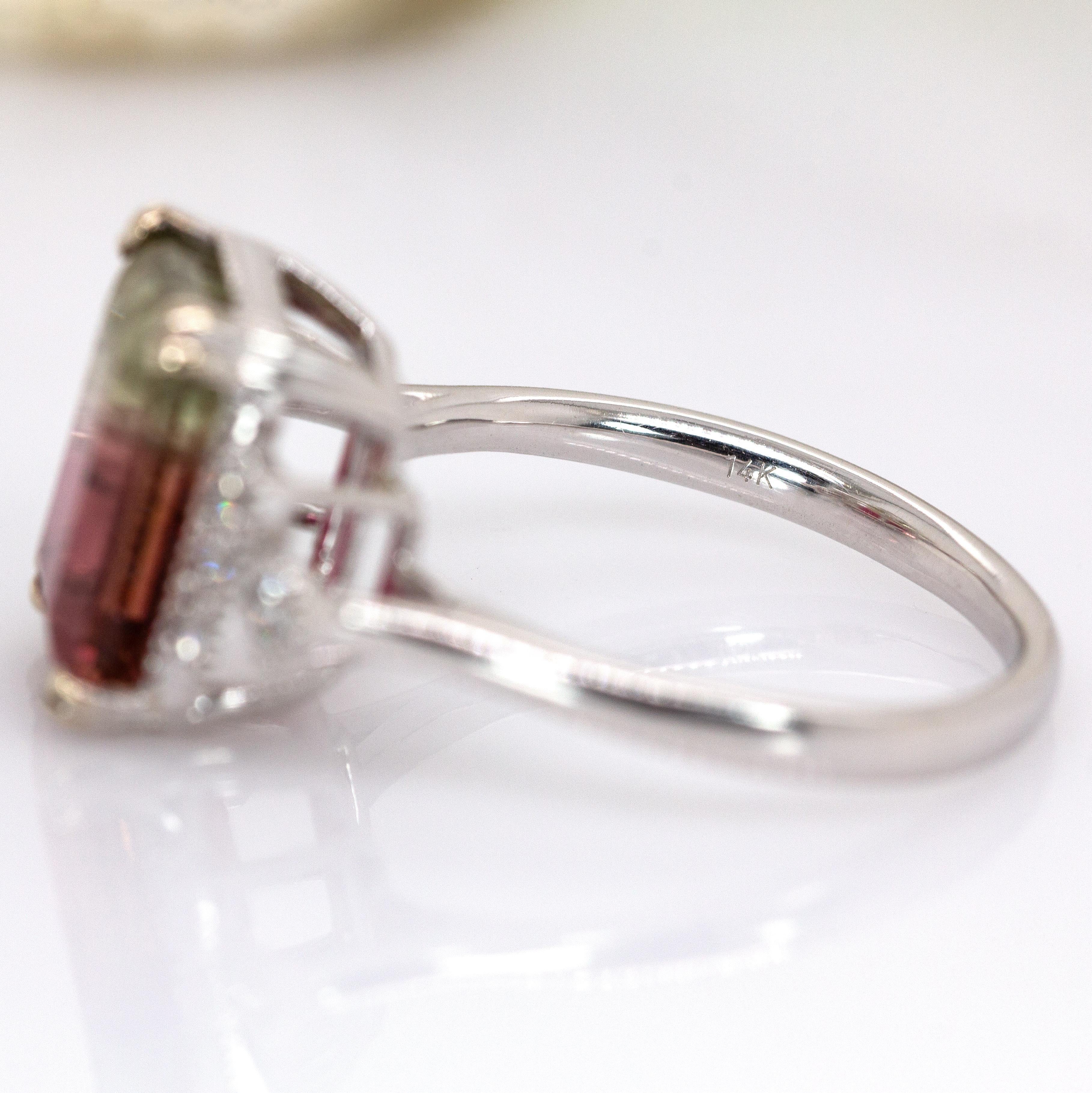 Bi-Color Turmalin Ring w Erde Mined Diamanten in 14K Solid White Gold  11x7mm im Angebot 1
