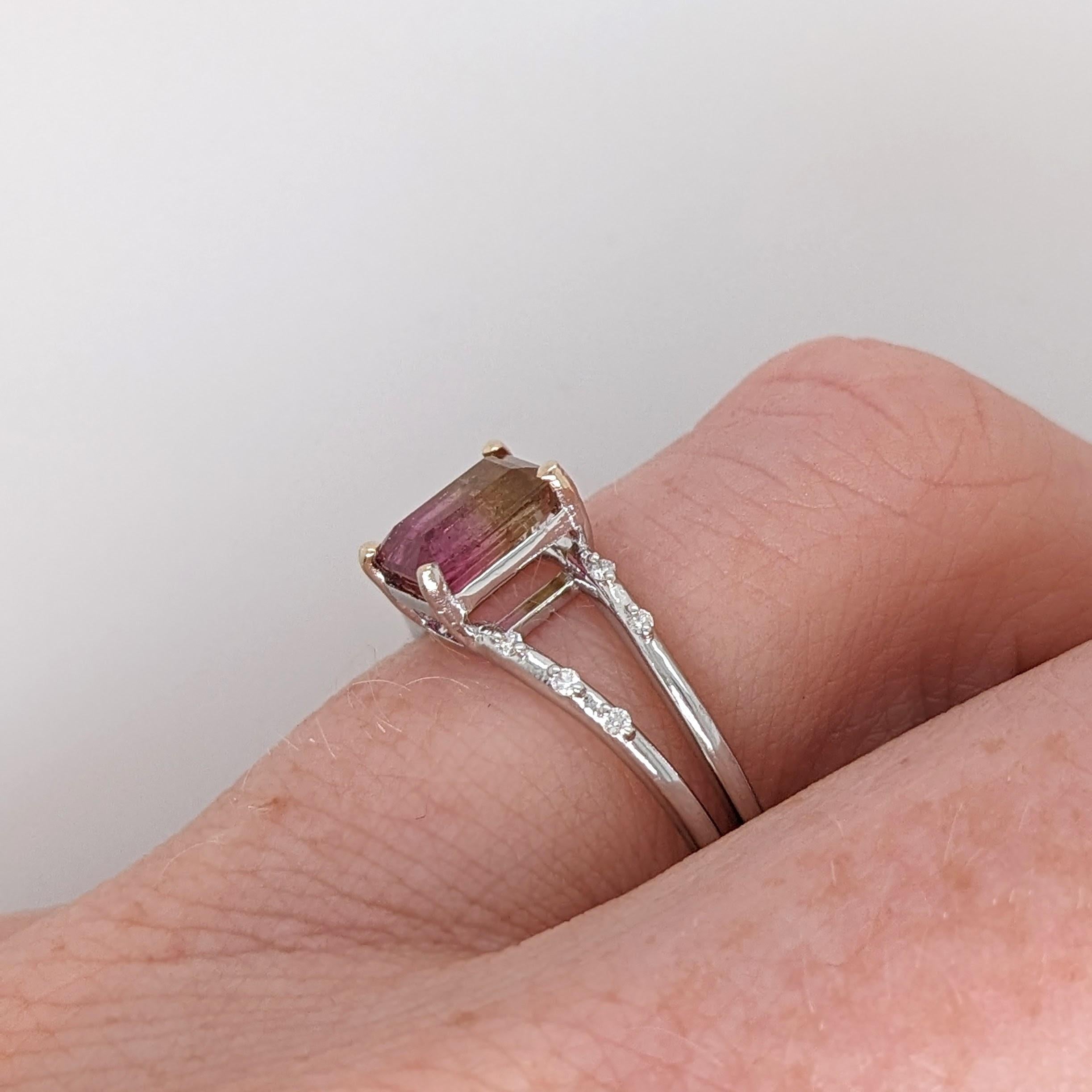 Modern Bi-color Tourmaline Ring w Earth Mined Diamonds in Solid 14K White Gold EM 7x5mm For Sale