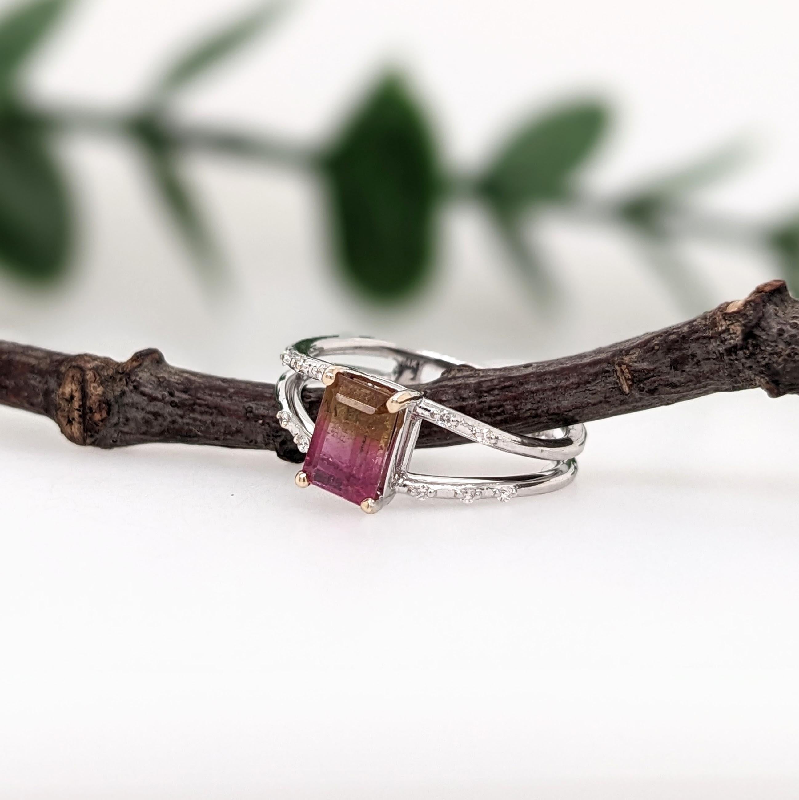 Bague de tourmaline bicolore avec diamants extraits de la terre en or blanc massif 14 carats EM 7x5 mm Neuf - En vente à Columbus, OH