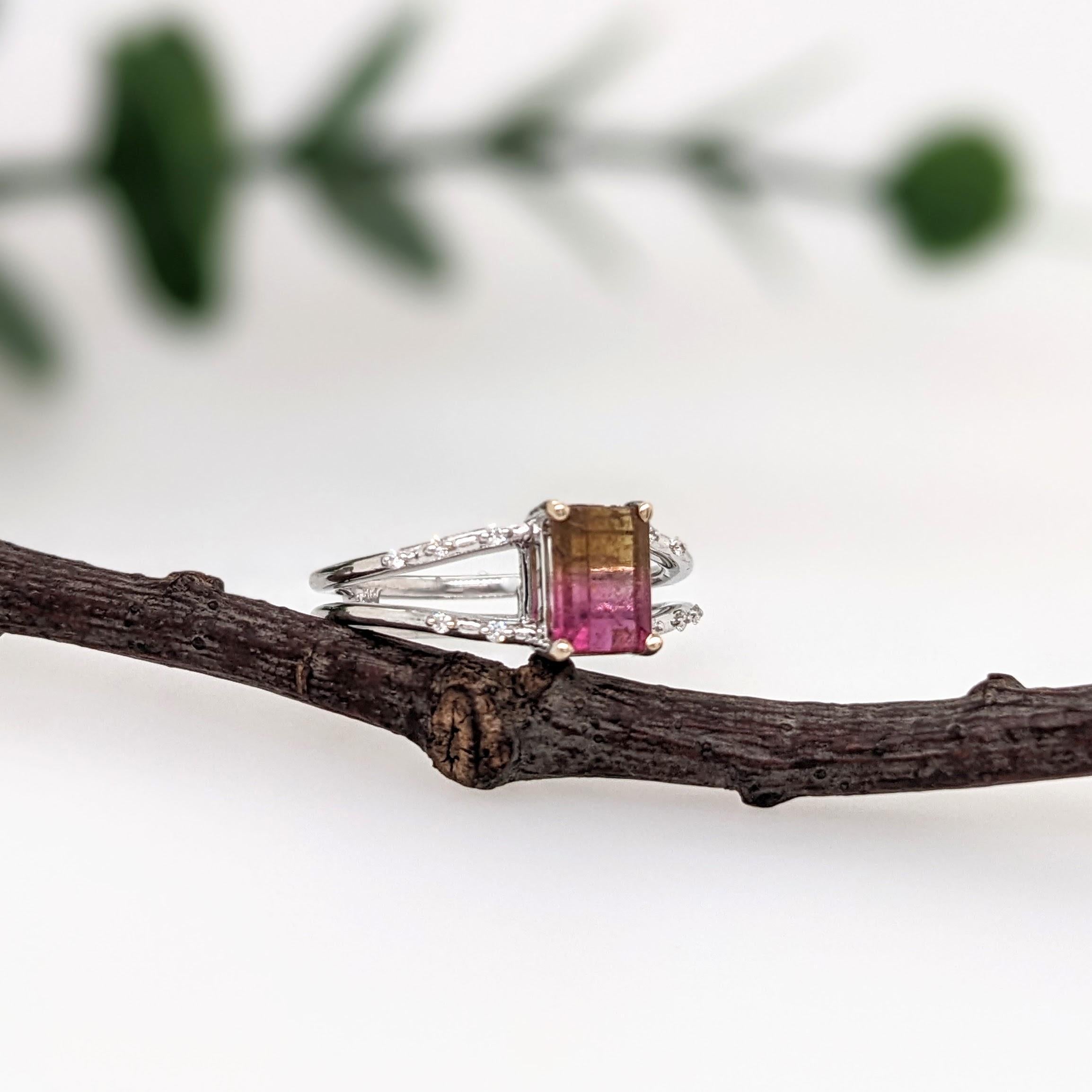 Bague de tourmaline bicolore avec diamants extraits de la terre en or blanc massif 14 carats EM 7x5 mm en vente 2