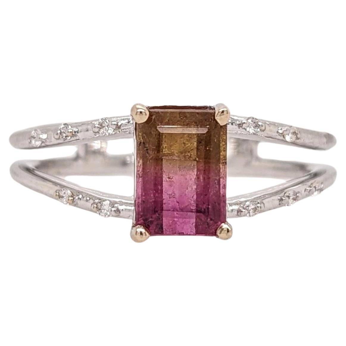 Bi-color Tourmaline Ring w Earth Mined Diamonds in Solid 14K White Gold EM 7x5mm