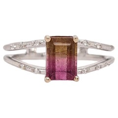Bi-color Tourmaline Ring w Earth Mined Diamonds in Solid 14K White Gold EM 7x5mm