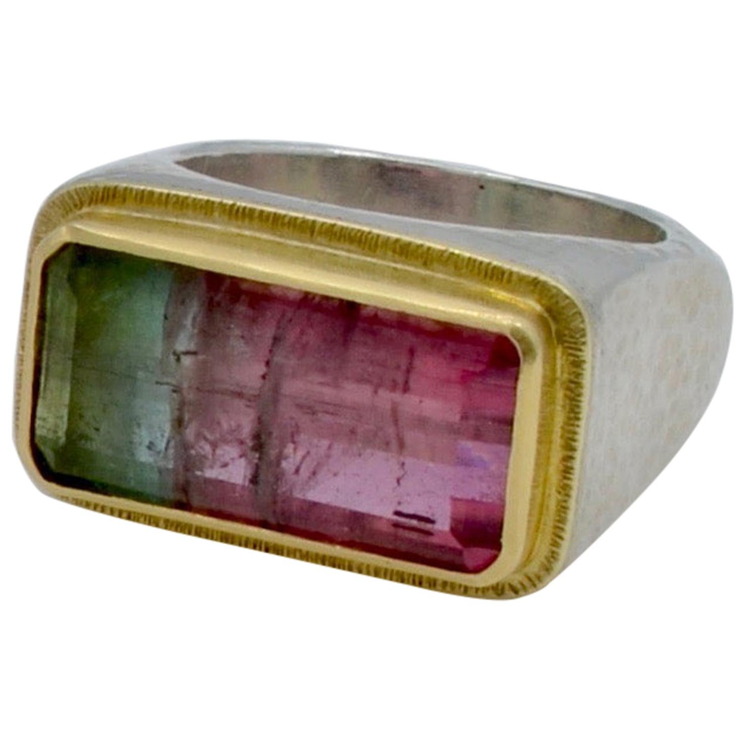 Bi Color Tourmaline Set in 18 Carat and Sterling Silver Ring