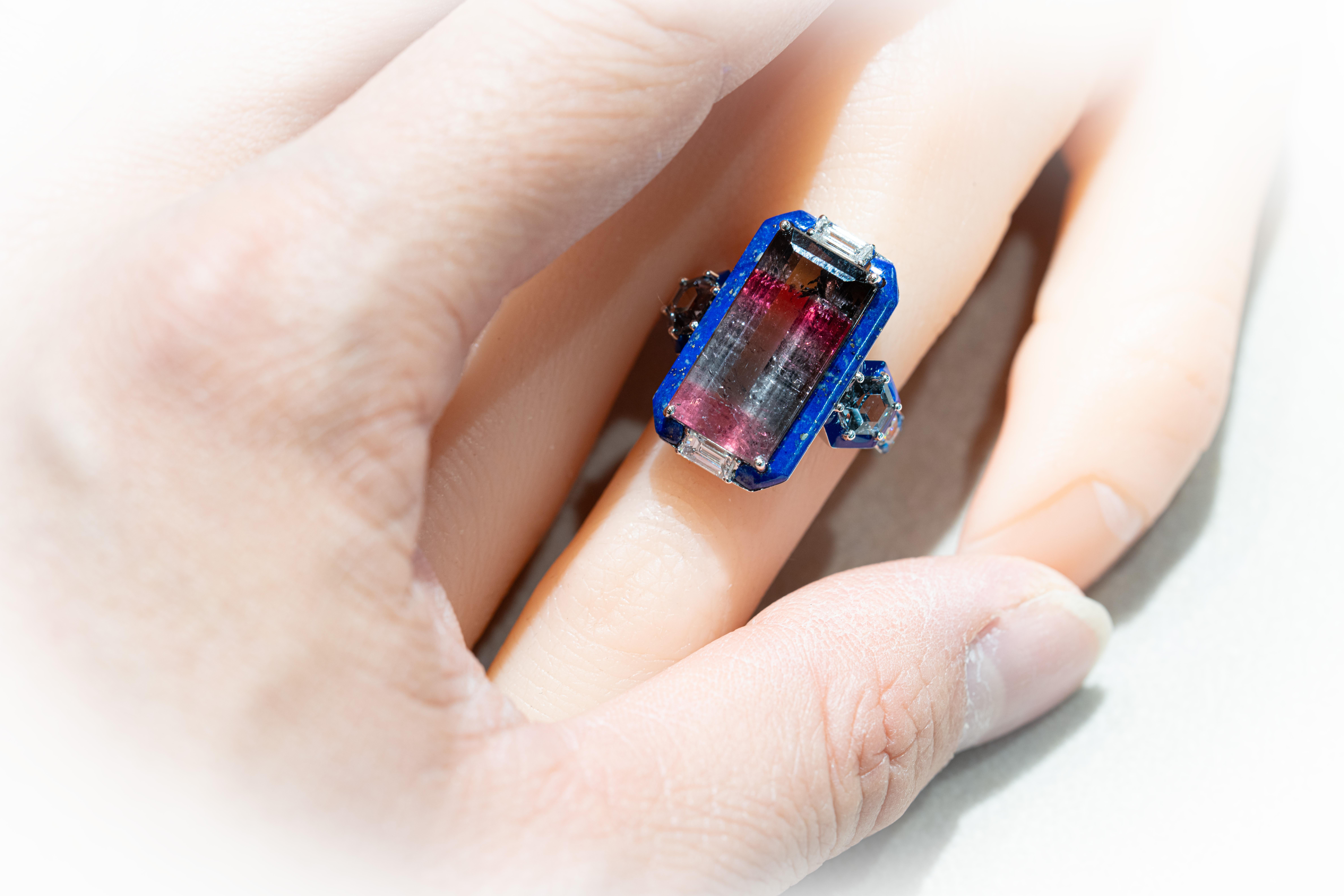 Ring mit zweifarbigem Turmalin, Spinell, Lapislazuli und Diamant,  18K Gold, Austy Lee im Angebot 2
