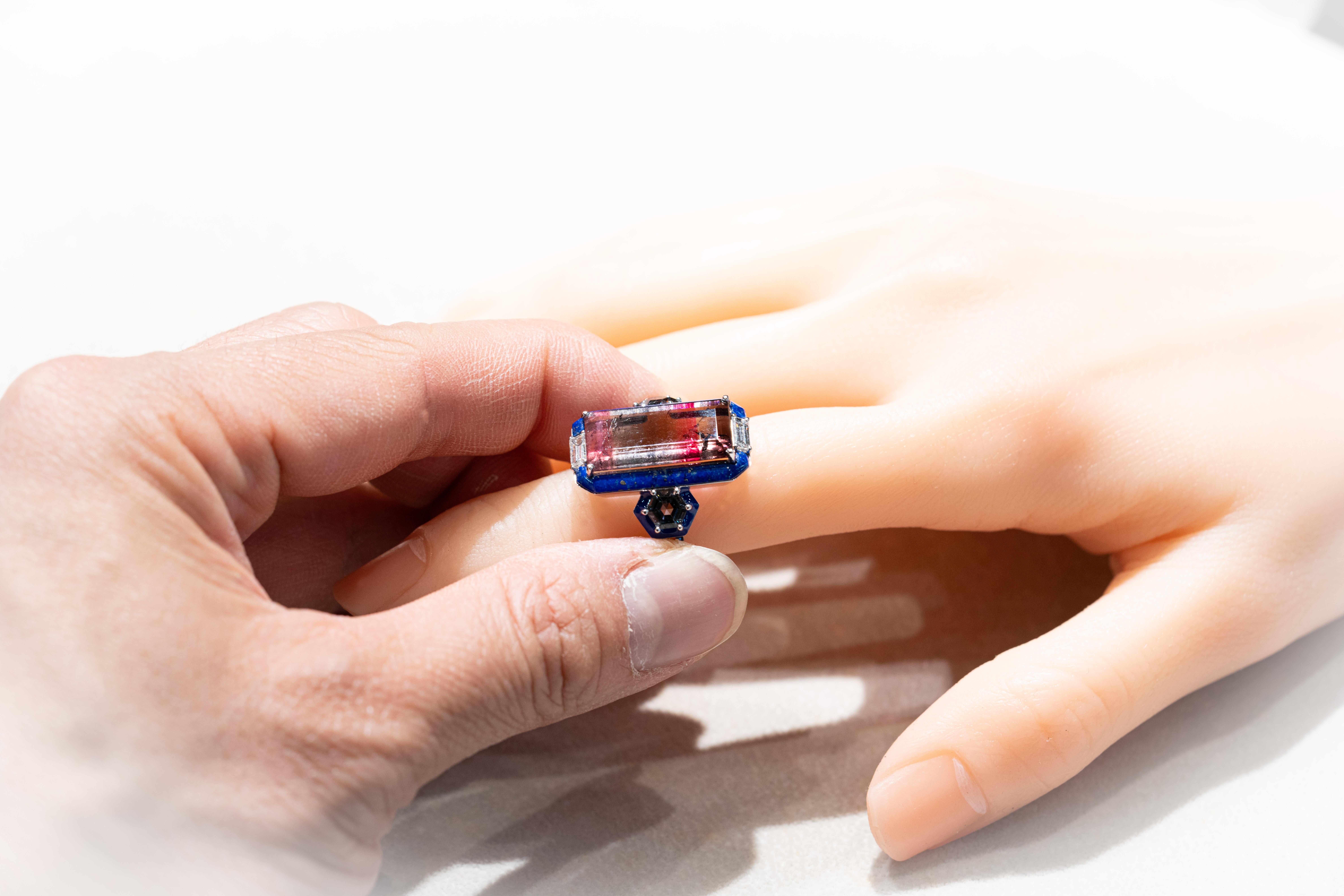 Ring mit zweifarbigem Turmalin, Spinell, Lapislazuli und Diamant,  18K Gold, Austy Lee im Angebot 3