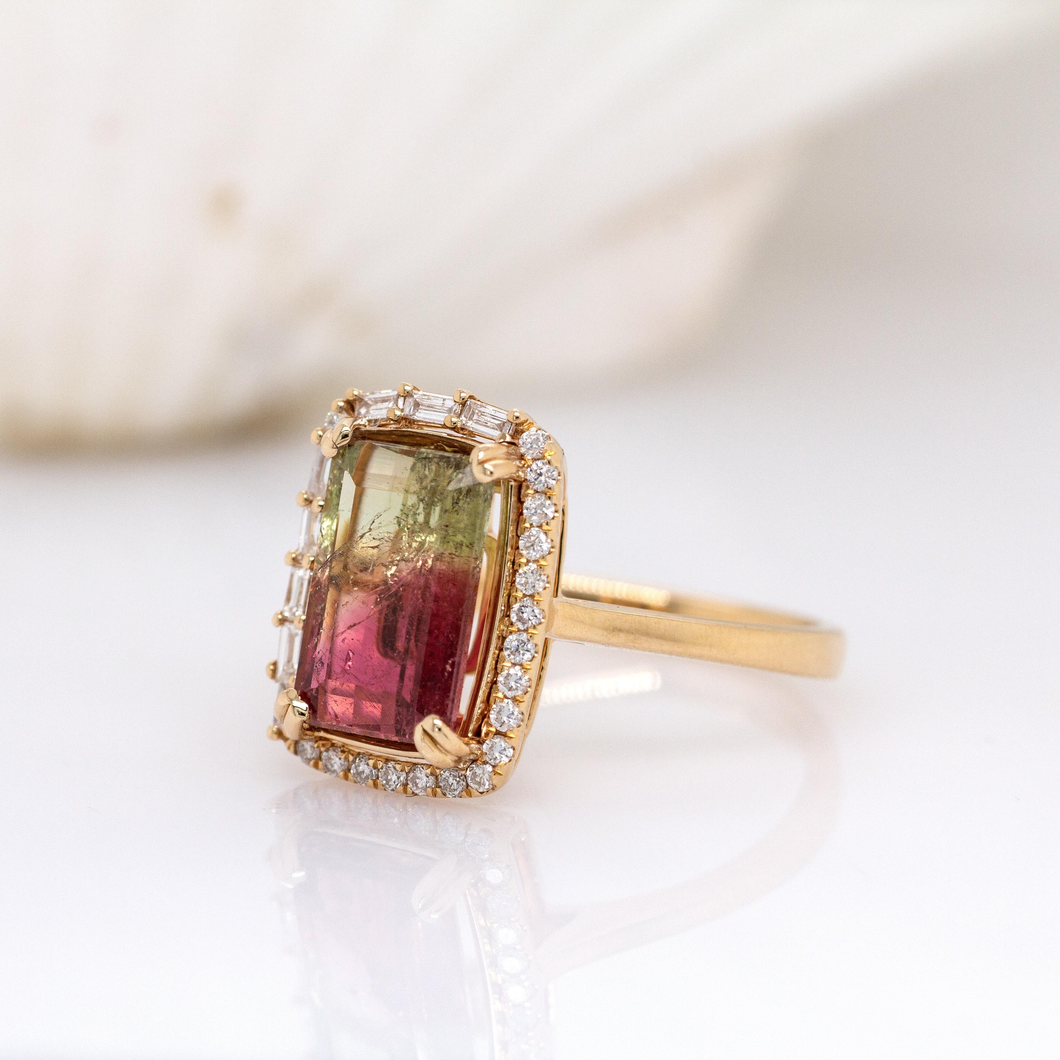 Bi-Color Tourmaline W Natural Diamond Accents in 14k Solid Yellow Gold  12x8mm In New Condition For Sale In Columbus, OH