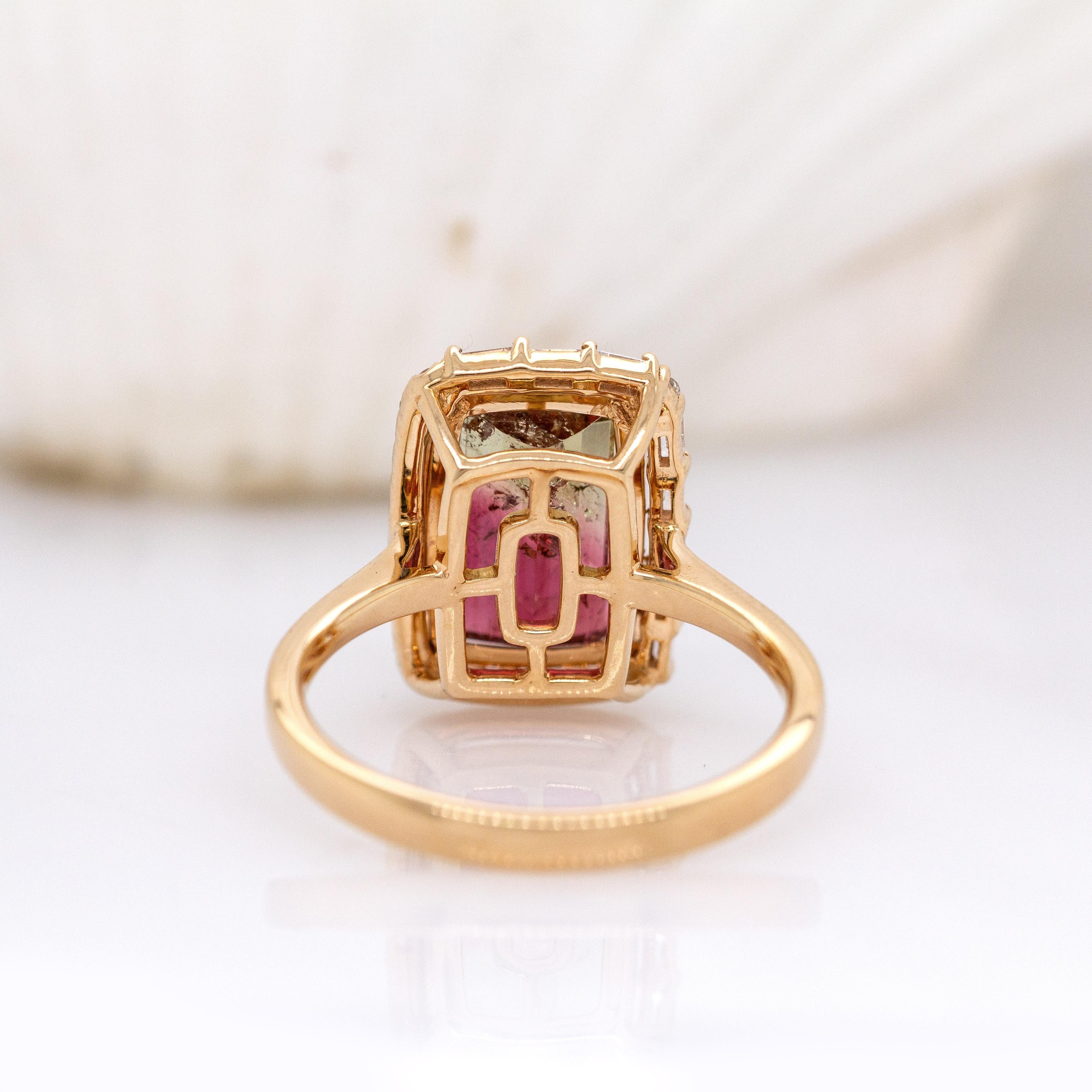 Bi-Color Tourmaline W Natural Diamond Accents in 14k Solid Yellow Gold  12x8mm For Sale 1