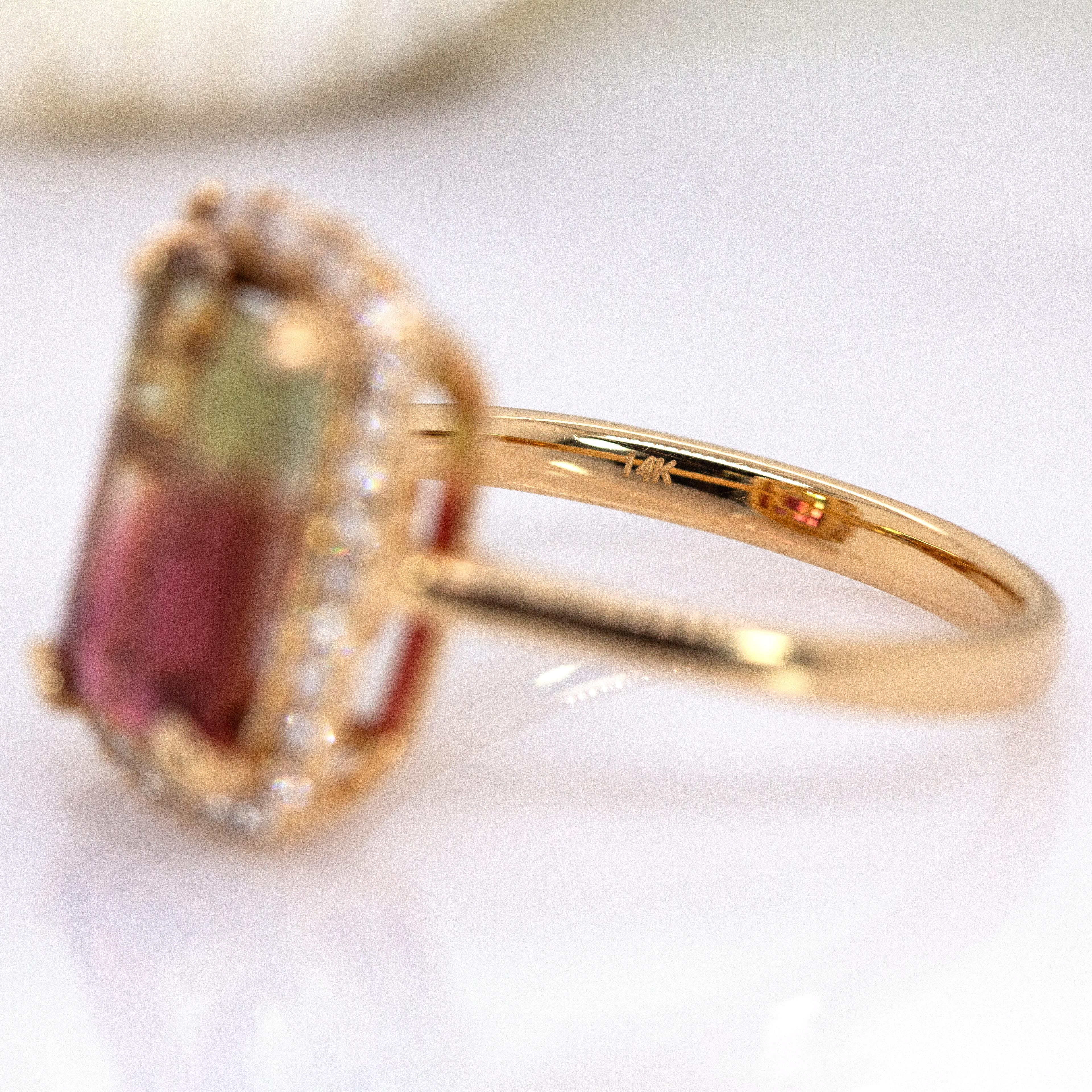 Bi-Color Tourmaline W Natural Diamond Accents in 14k Solid Yellow Gold  12x8mm For Sale 2