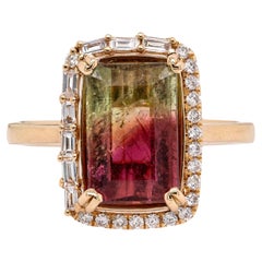 Bi-Color Tourmaline W Natural Diamond Accents in 14k Solid Yellow Gold  12x8mm