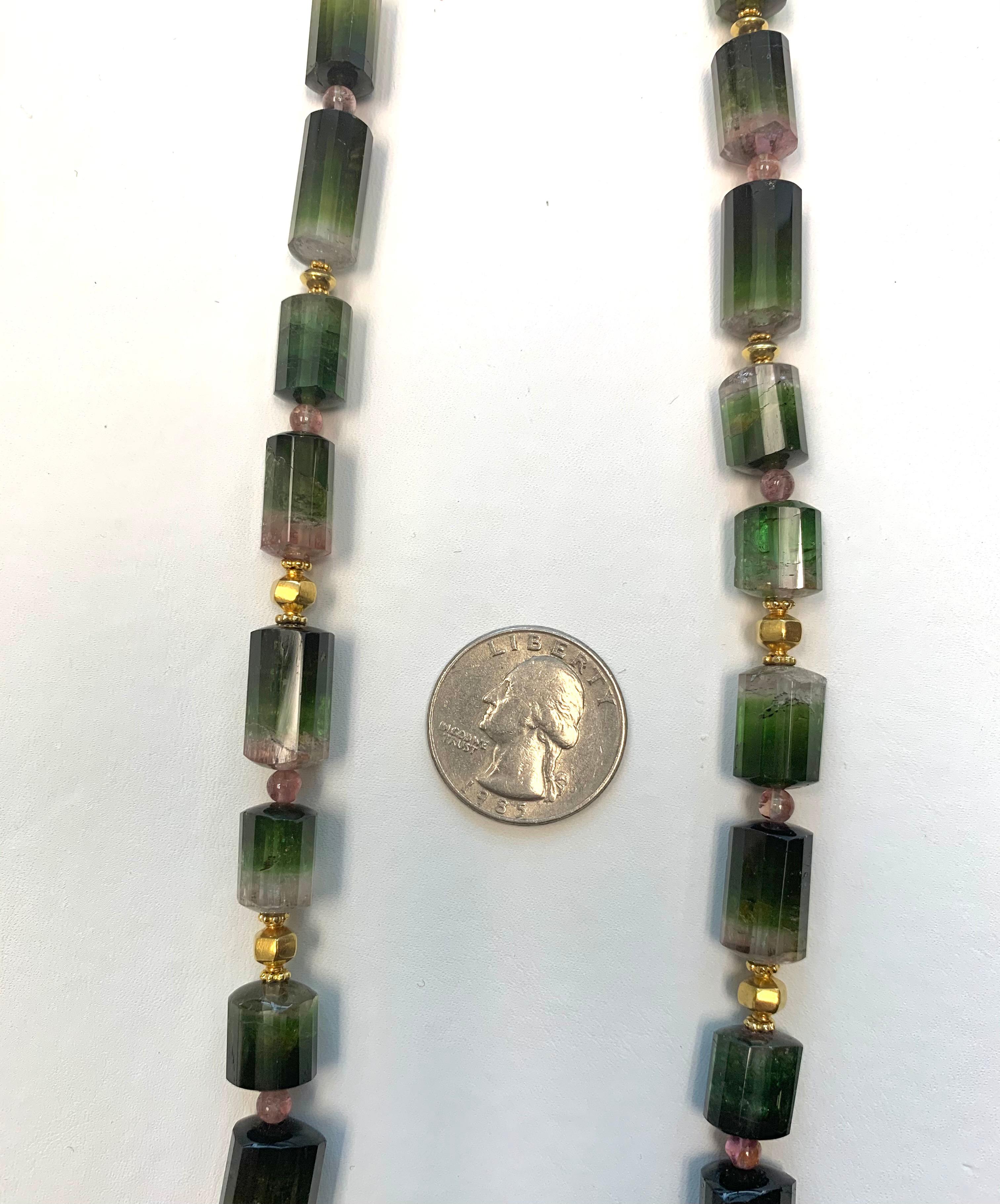 Bi-colored Green, Pink Tourmaline Beaded Station Necklace w/ Yellow Gold Accents In New Condition In Los Angeles, CA