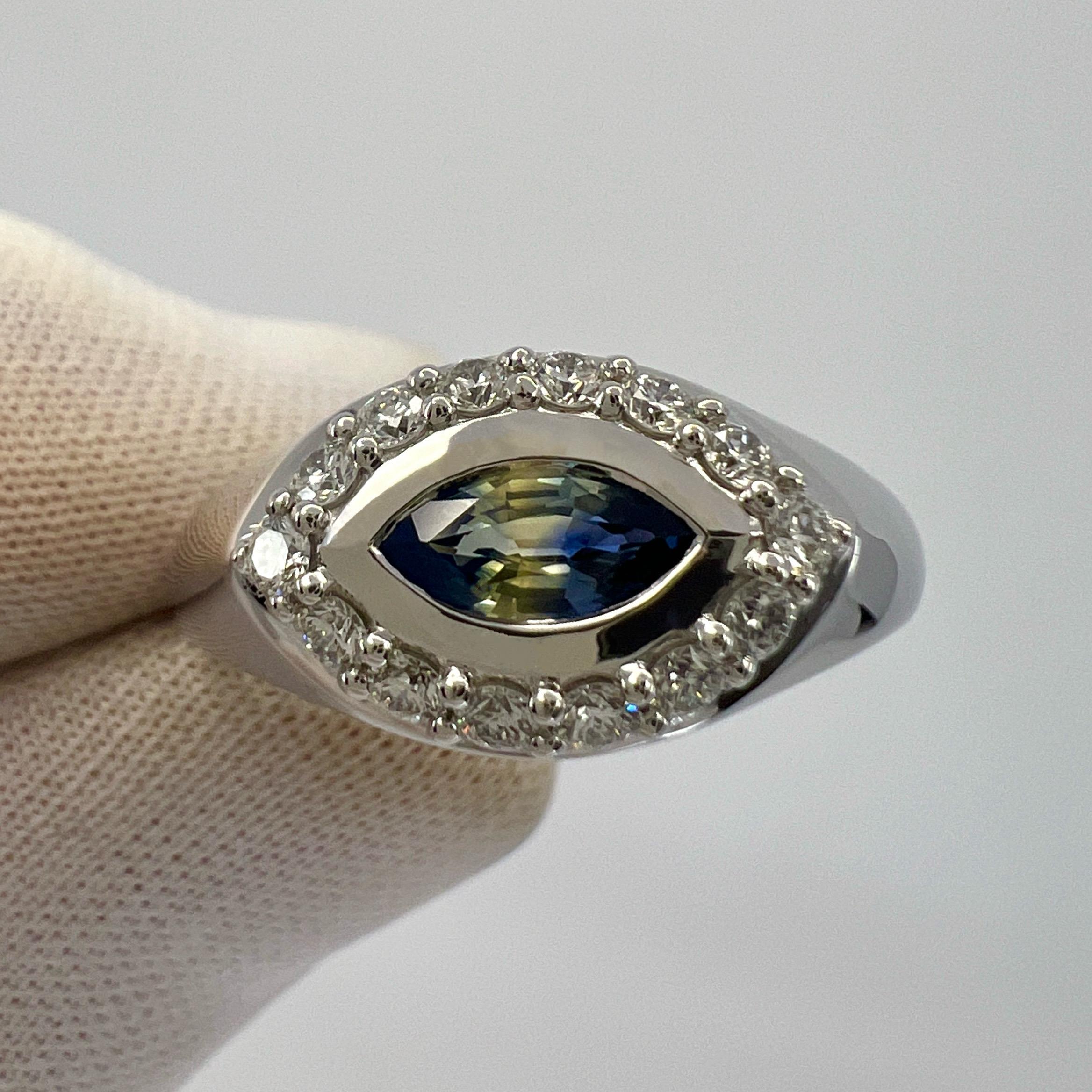 Bi Colour Blue Yellow Marquise Sapphire And Diamond 18k White Gold Signet Ring For Sale 5