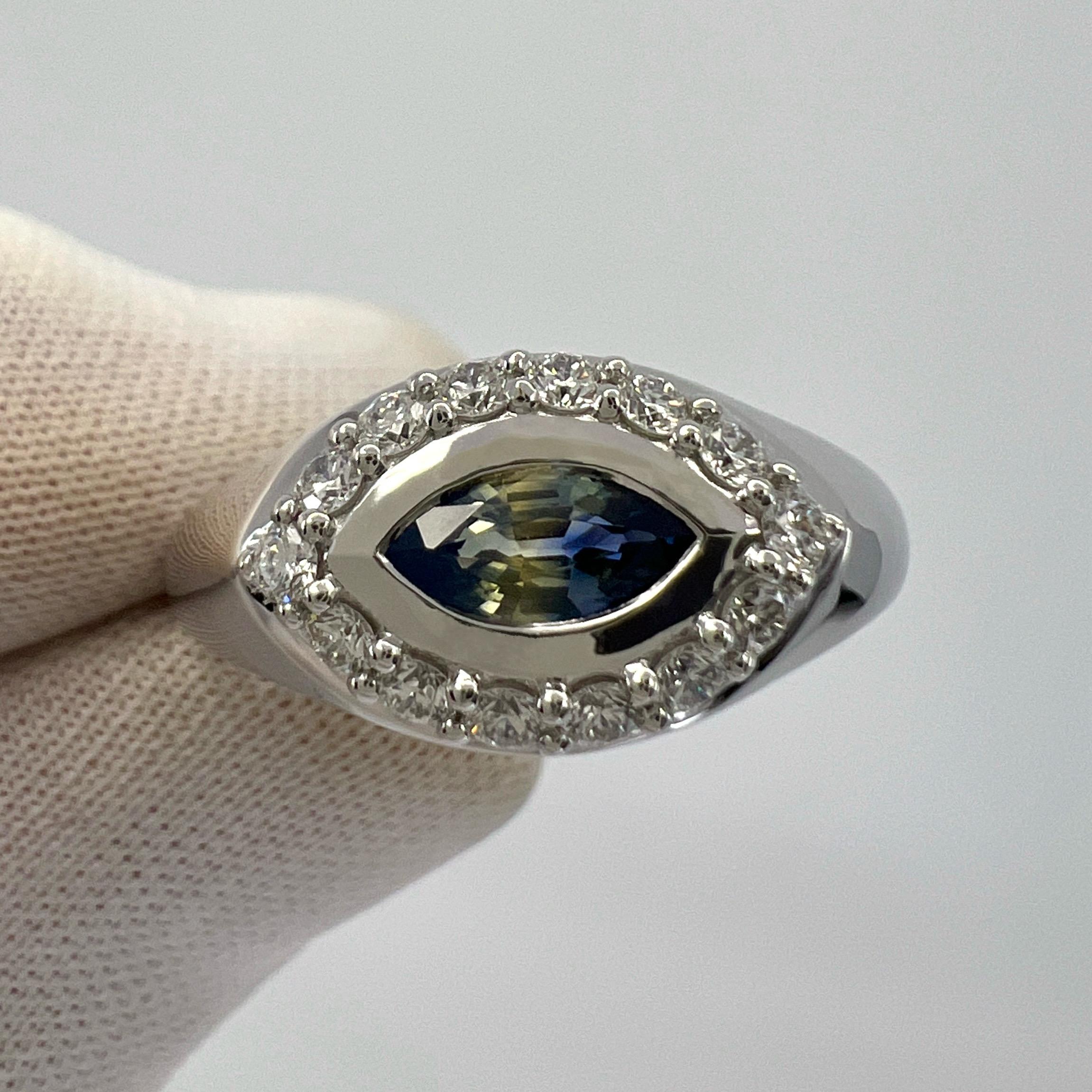 Bi Colour Blue Yellow Marquise Sapphire And Diamond 18k White Gold Signet Ring For Sale 6