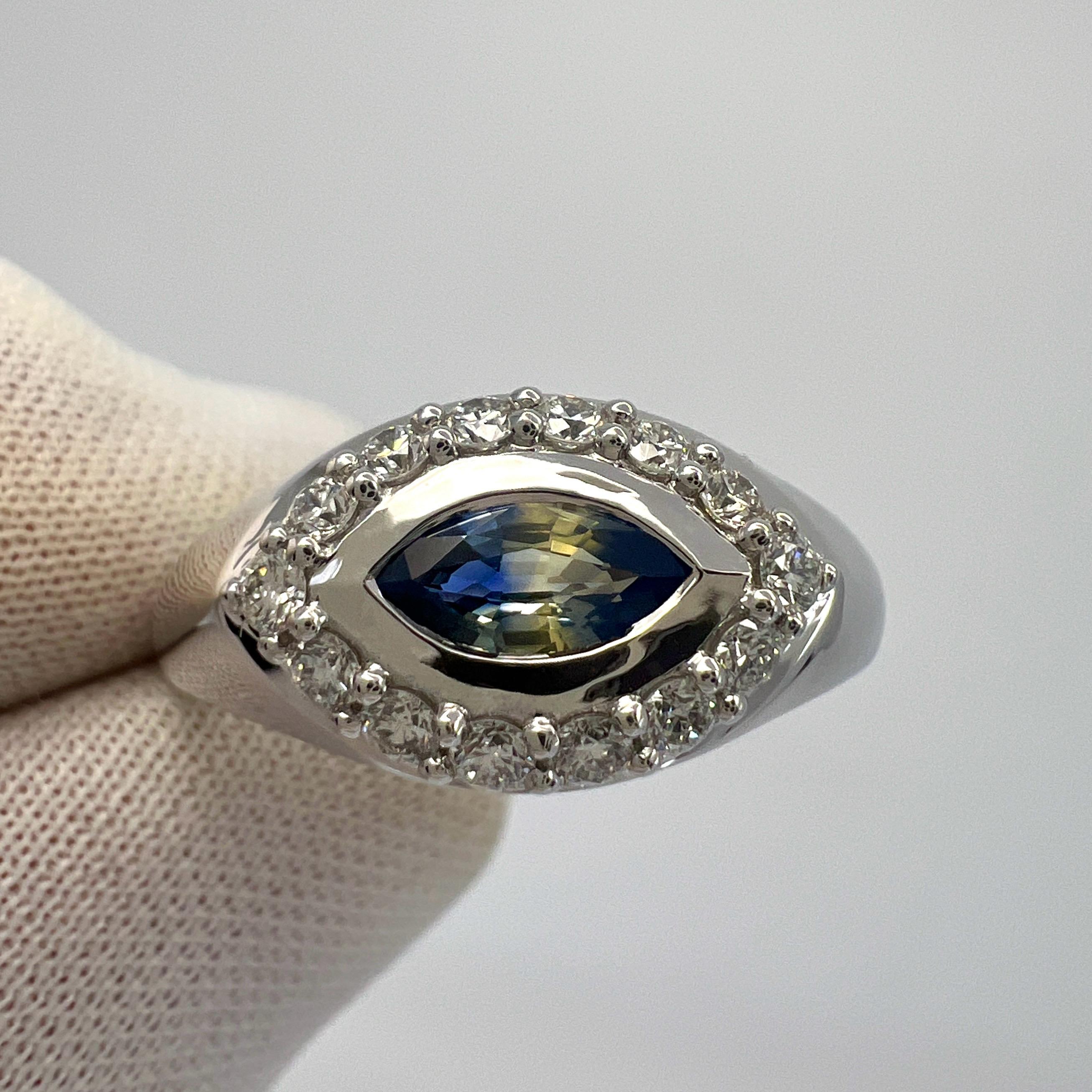 Marquise Cut Bi Colour Blue Yellow Marquise Sapphire And Diamond 18k White Gold Signet Ring For Sale
