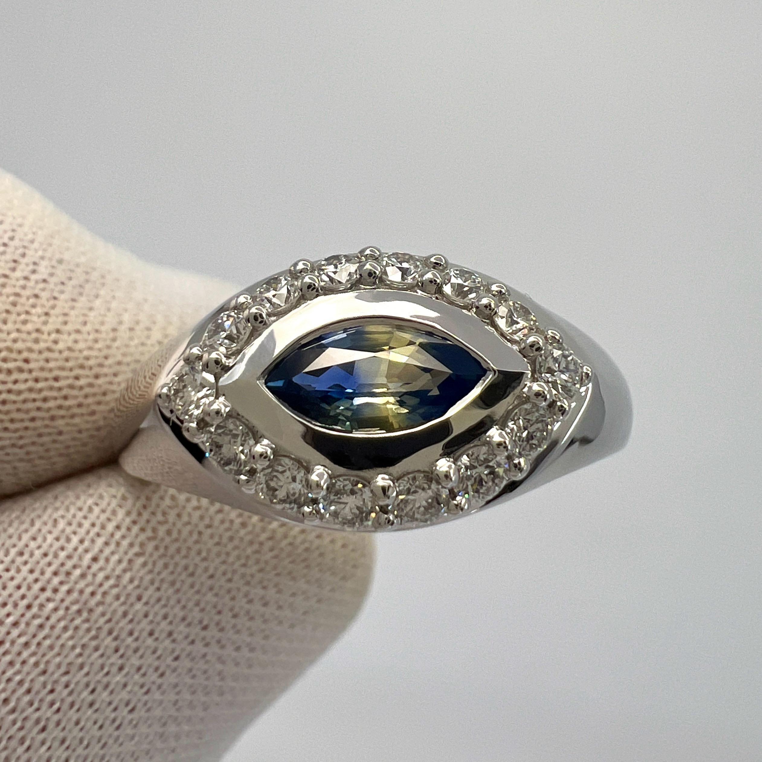 Women's or Men's Bi Colour Blue Yellow Marquise Sapphire And Diamond 18k White Gold Signet Ring For Sale